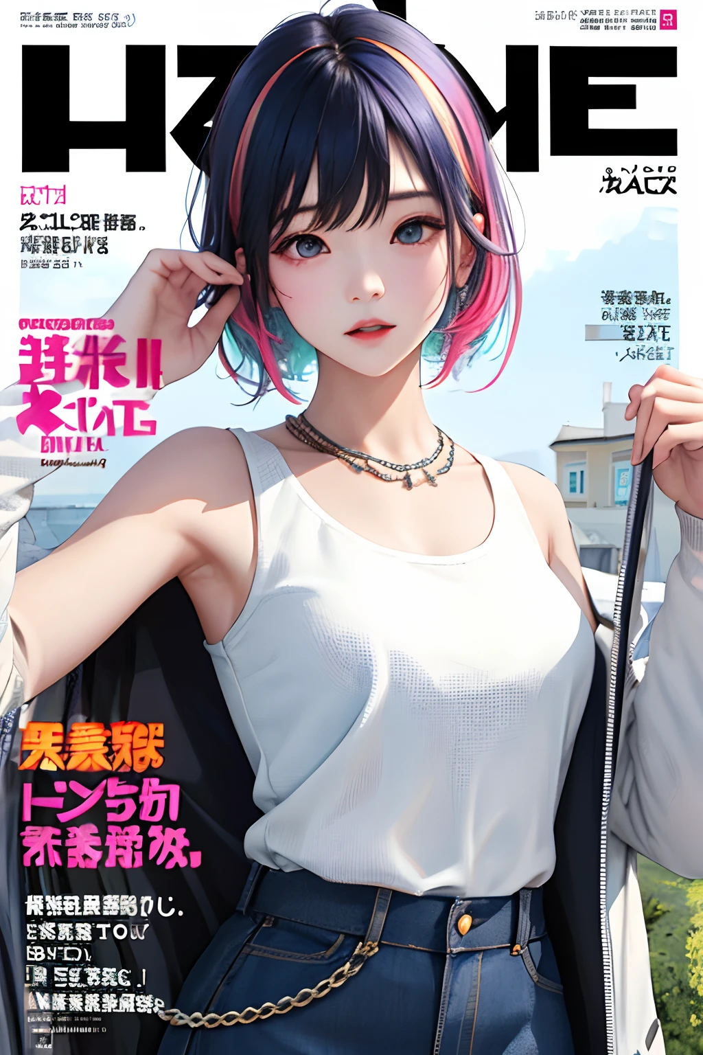 masterpiece、top-quality、Leo parade coordination、colourful hair、outside of house、Magazine covers、The upper part of the body、
