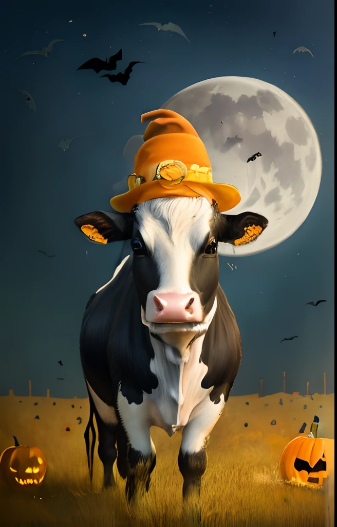 Cute cow, Halloween atmosphere,Orange pumpkin,big eye, Big round moon