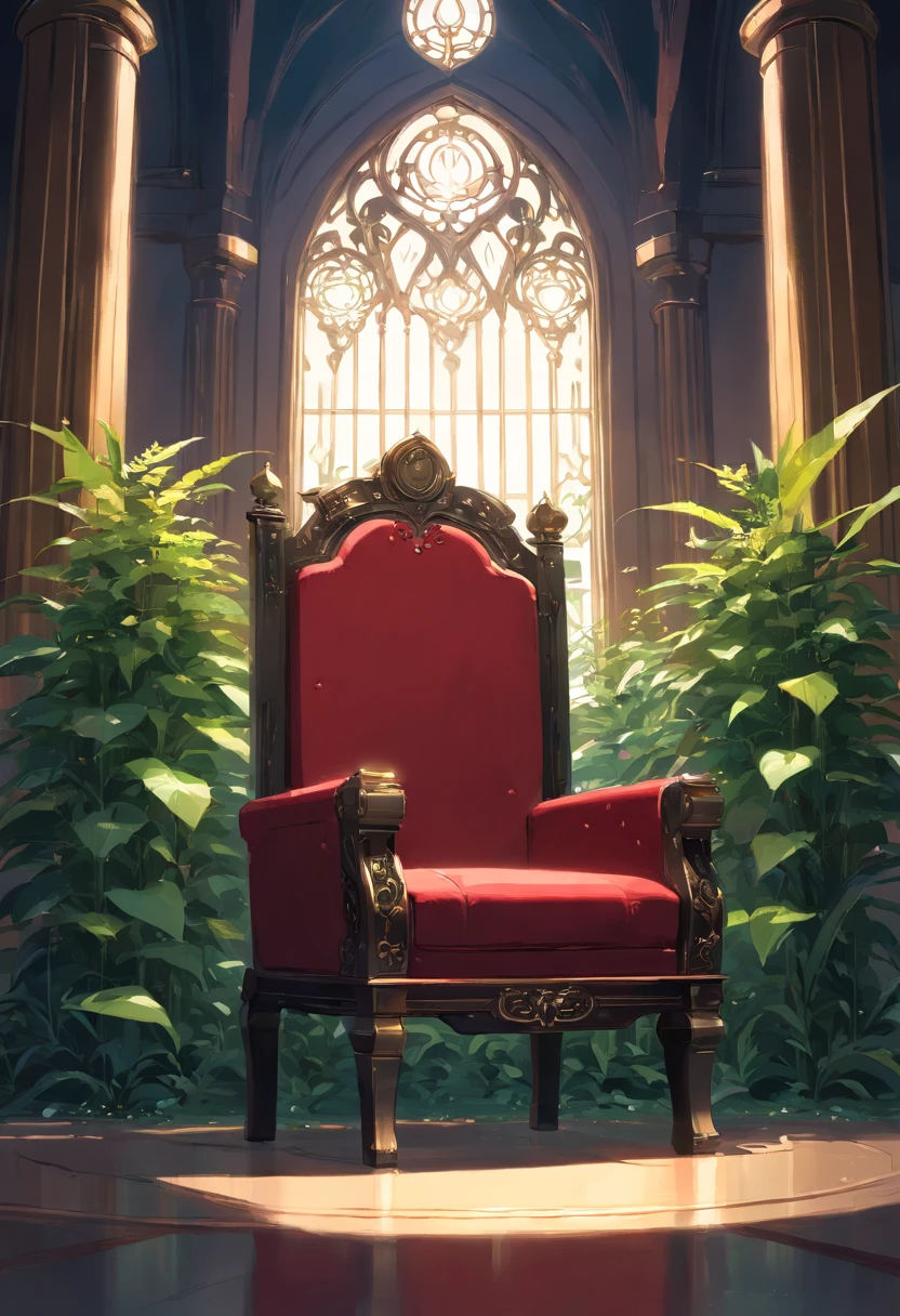 royal hall, one throne, thorn plants, dark light, empty room, gloomy composition, black and red throne, thorn plants around the throne, close up throne.