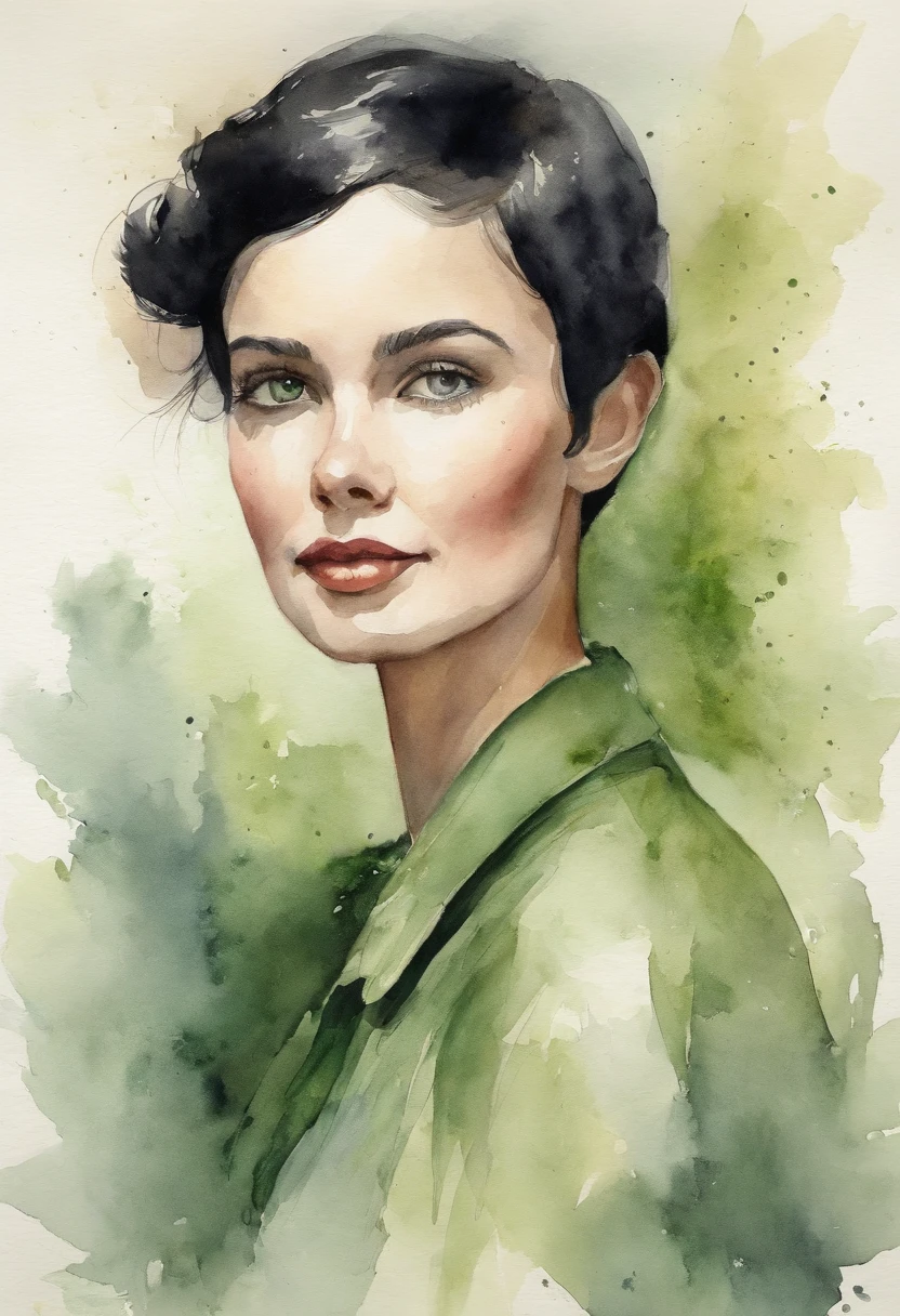 Young girl with short black hair and green iris, Stacia Burlington style, watercolor, soft color, side view, close-up, Vintage images, high resolution, realistic