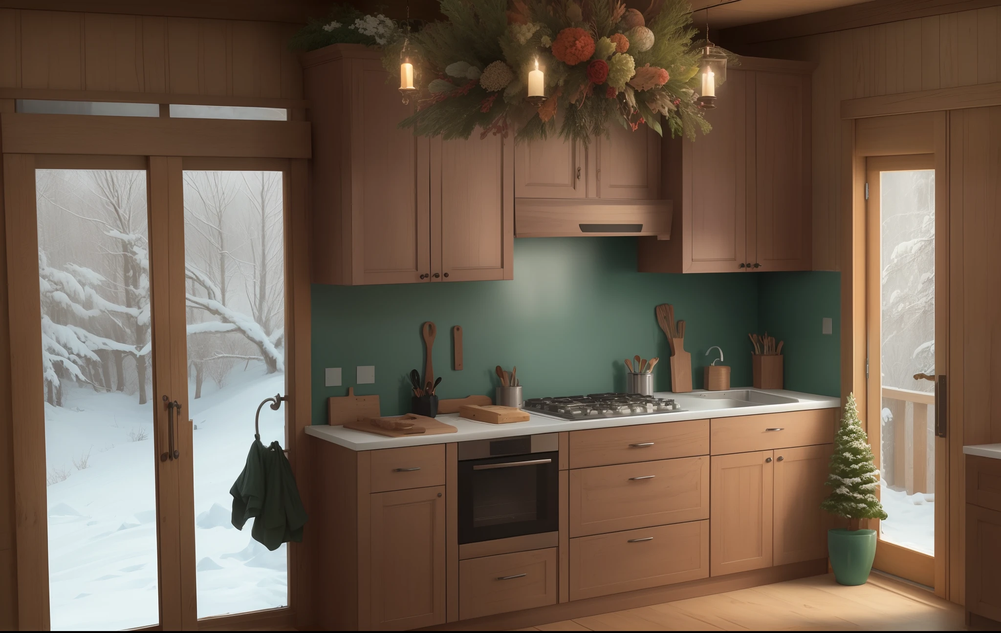Cozinha rustica com enfeites de natal, a cupboard with cooking utensils,Paredes de madeira, em uma das paredes tem uma nela grande, com paisagem de floresta no inverno, com neve, muitos enfeites e luzes de Natal