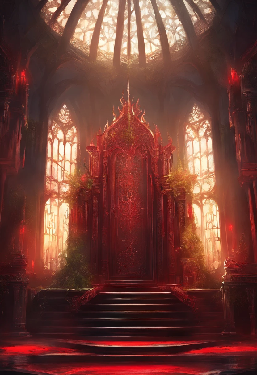 royal hall, one throne, thorn plants, dark light, empty room, gloomy composition, black and red throne, thorn plants around the throne, close up throne.
