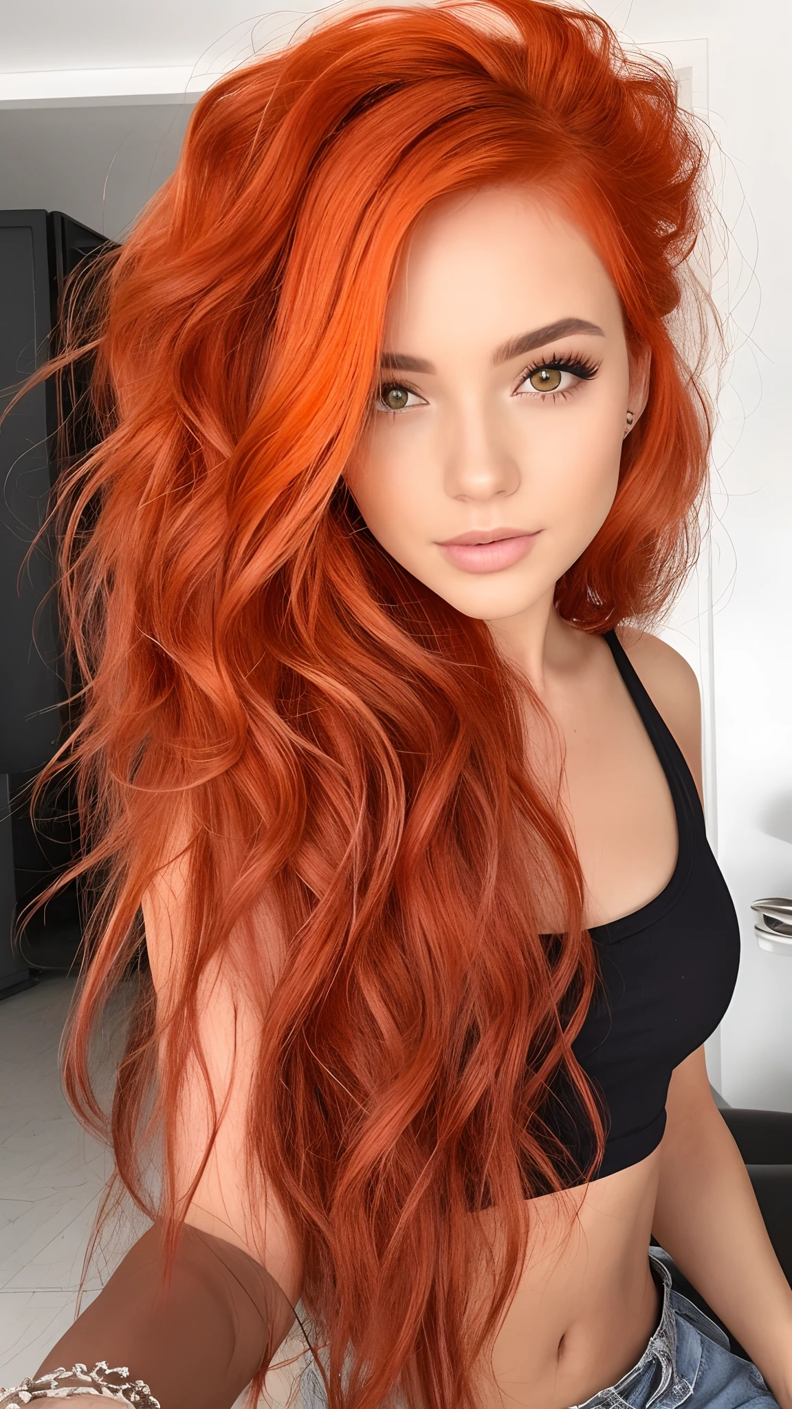 um close up de uma mulher com longos cabelos ruivos e um top preto, cabelo de gengibre, orange hair, gengibre cabelo ondulado, red head, Redhead Girl, cabelos ruivos cacheados, cabelo laranja longo, ela tem cabelos longos e redorange, longos cabelos ondulados laranja, red hair, cabelo longo de gengibre, cabelos cacheados vermelhos, cabelo de gengibre selvagem, com cabelos ruivos cacheados, cabelos cacheados vermelhos