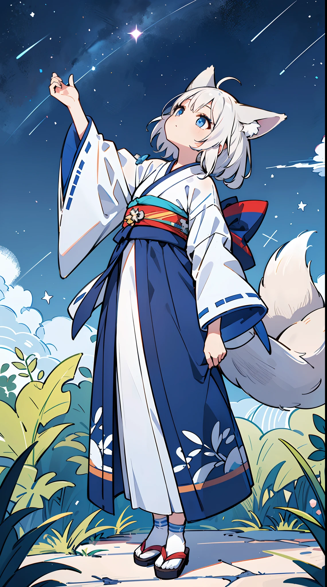 1 girl in, The highest quality of the masterpiece, (View from a short distance away), White hair、Longhaire, Blue Mesh、Blue eyes、Transparency、Fox ears、White fox tail, Kimono, ((full body Esbian))
((Looking up at the sky in nature:1.2))、Beautiful starry sky,