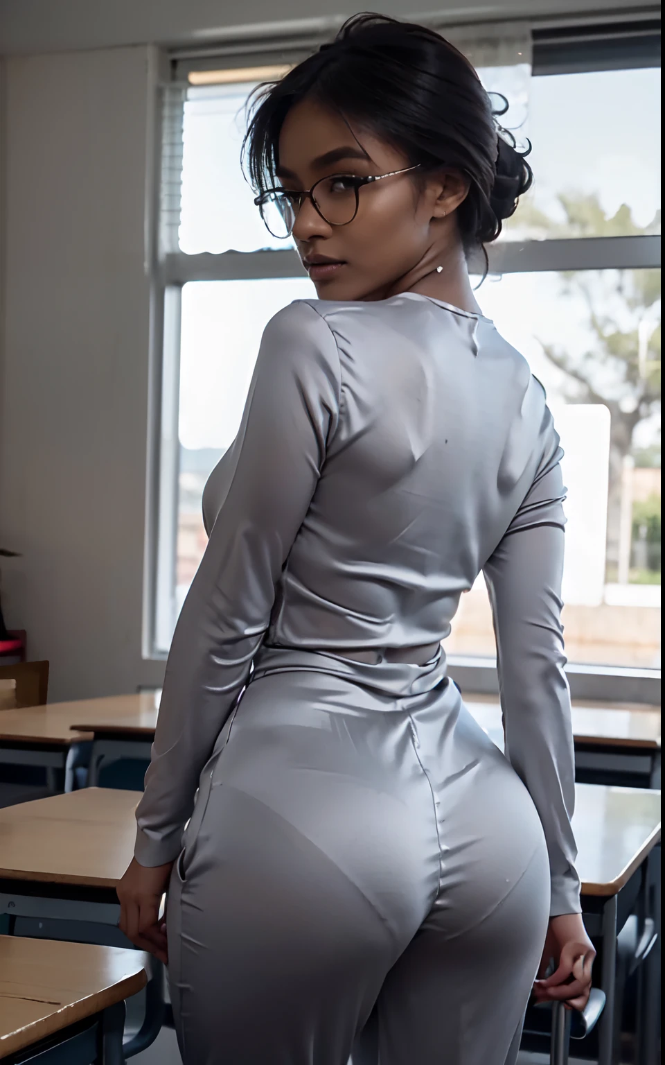 Masterpiece, ultra hd, 4k, high resolution detail, classroom background detailed, perfect lighting, sunset, 1 lady, solo shot, A afro ponytail lady,beautiful face detailed, eyes detailed, lips detailed, slender toned body, (thick thigh), (medium droopy breast), (rounded hips), (thick ass), perfect proportion and shape, seductive pose, back view, look at camera, fear face detailed, (long sleeve white blouse tucked in), ((grey tight shiny formal trouser)), dark skin , fair skin, ((glasses))