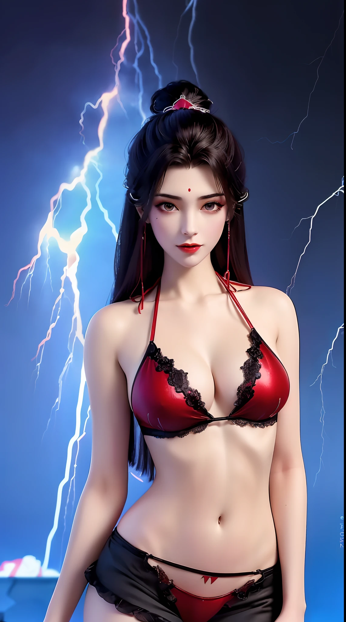 1 sexy beautiful girl, ((wearing a super sexy red bikini with black lace trim:1.6)), ((wearing sexy super thin black stockings:1.5)), golden iridescent aura, bust out, show off her round bust, deep slit shirt, long black purple hair, the most beautiful and detailed hair jewelry, beautiful little face thin eyebrows, the most beautiful and spotless face, ((Yellow iris:0.8)), the very beautiful eyes, big round eyes, purple eyes, fine and detailed makeup eyelashes, high nose, wearing earrings, small red lips, rosy face, clean face, beautiful face without blemish, smooth white skin, ((big breasts: 0.9)), Blums boobs, ((big and super round breasts:0.9)), ((super tight breasts:1.2)), ((breast augmentation: 0.8)), beautiful breasts, fit body, ((thin waist: 0.9)), upper body of a beautiful girl, Hot and sexy petite body, sexy girl, hands hanging down, 8k photo, super high quality, super realistic, 10x super pixels, photo realistic, dark studio, border light, two tone light, (detailed skin high: 1.2), 8k uhd, dslr, soft light, high quality, volumetric light, candid, Photo, high resolution, light, best photo, 4k quality, 8k, Bokeh, Smooth and sharp, pixel up 10 times, ((thunder effect background:1.8)), aurora, lightning, super graphics, the most realistic graphics,(Aurora Background: 1.8), alone, solo, portrait 9:16,