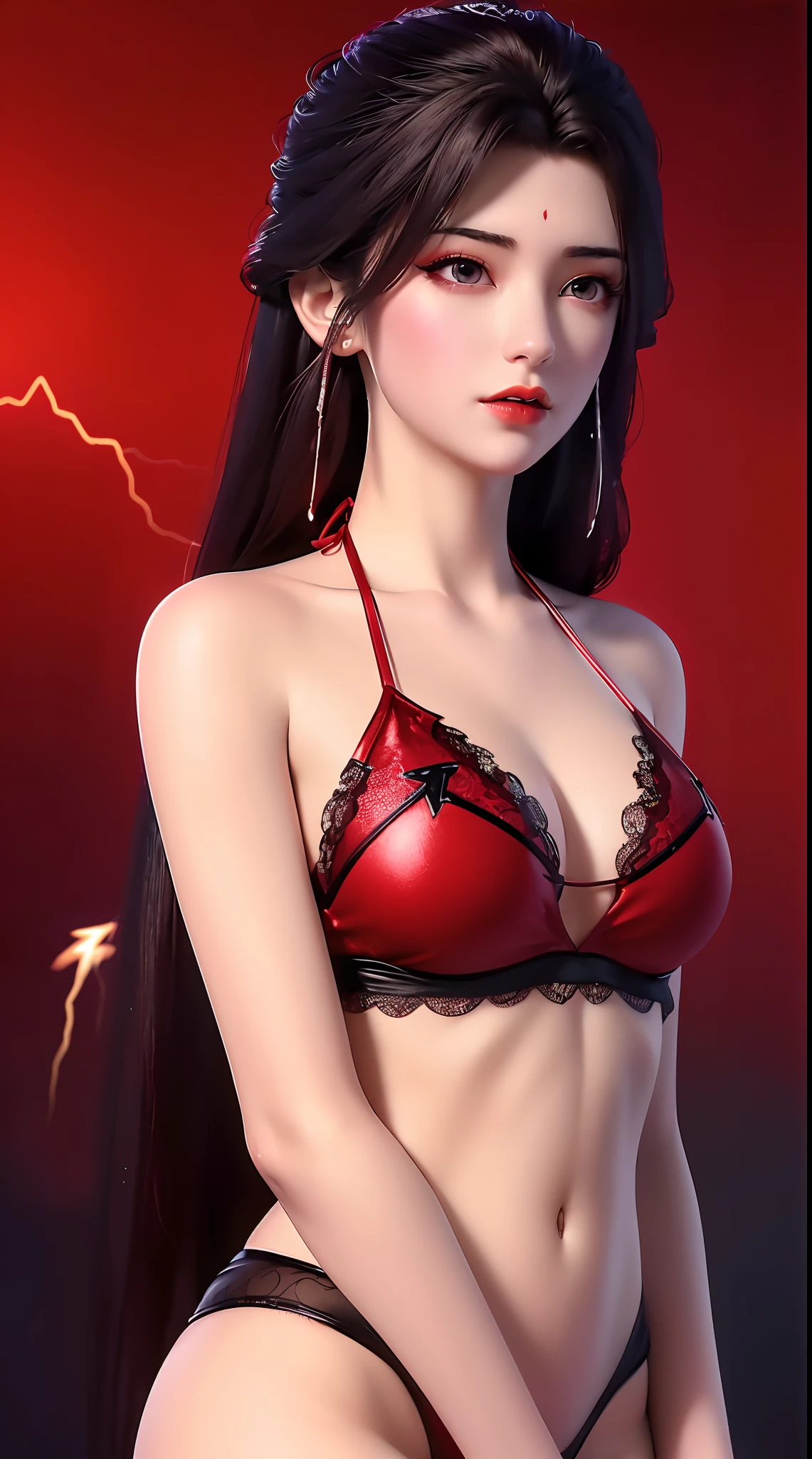 1 sexy beautiful girl, ((wearing a super sexy red bikini with black lace trim:1.6)), ((wearing sexy super thin black stockings:1.5)), golden iridescent aura, bust out, show off her round bust, deep slit shirt, long black purple hair, the most beautiful and detailed hair jewelry, beautiful little face thin eyebrows, the most beautiful and spotless face, ((Yellow iris:0.8)), the very beautiful eyes, big round eyes, purple eyes, fine and detailed makeup eyelashes, high nose, wearing earrings, small red lips, rosy face, clean face, beautiful face without blemish, smooth white skin, ((big breasts: 0.9)), Blums boobs, ((big and super round breasts:0.9)), ((super tight breasts:1.2)), ((breast augmentation: 0.8)), beautiful breasts, fit body, ((thin waist: 0.9)), upper body of a beautiful girl, Hot and sexy petite body, sexy girl, hands hanging down, 8k photo, super high quality, super realistic, 10x super pixels, photo realistic, dark studio, border light, two tone light, (detailed skin high: 1.2), 8k uhd, dslr, soft light, high quality, volumetric light, candid, Photo, high resolution, light, best photo, 4k quality, 8k, Bokeh, Smooth and sharp, pixel up 10 times, ((thunder effect background:1.8)), aurora, lightning, super graphics, the most realistic graphics,(Aurora Background: 1.8), alone, solo, portrait 9:16,