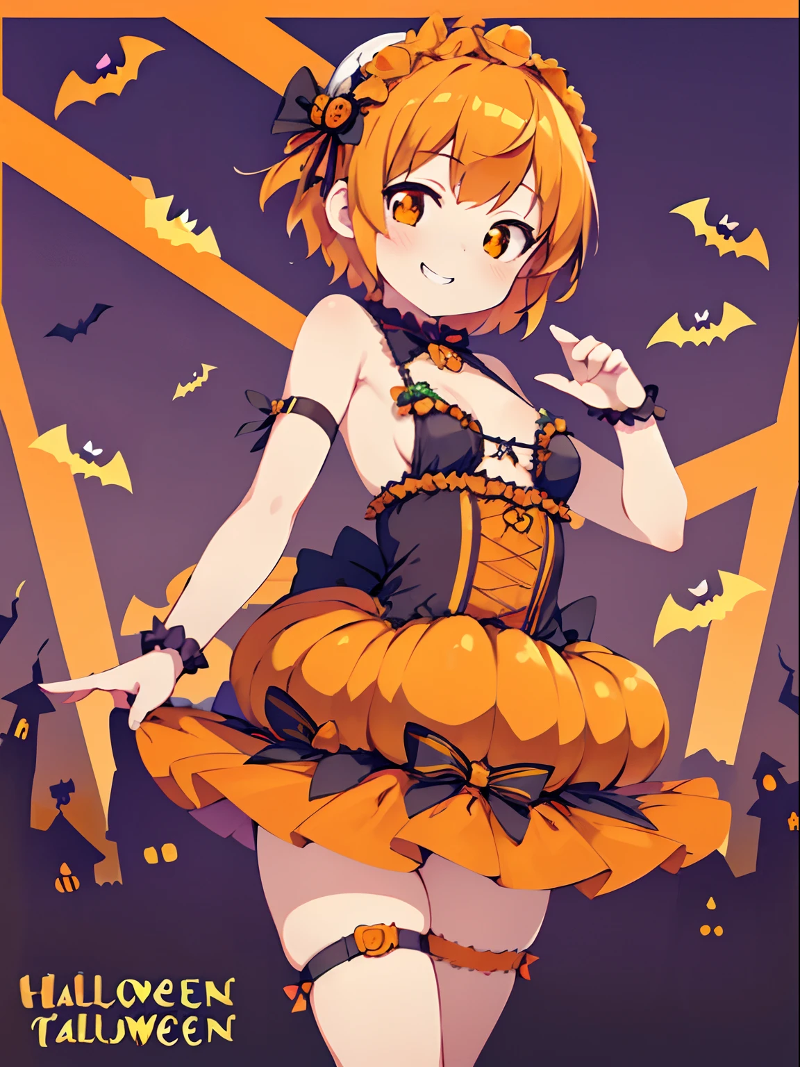 Highly detailed and realistic CG, Colorful, masutepiece, Best Quality, Magnificent,1girl in, Solo, (Halloween:1.2), orange hair, short hair, shiny hair, short pants, thigh strap, pastel color, orange lolita, (petite:1.3), , small boobs, stylish pose, orange shoes, pumpkin head, grin, pumpkin idol, pumpkin headdress,