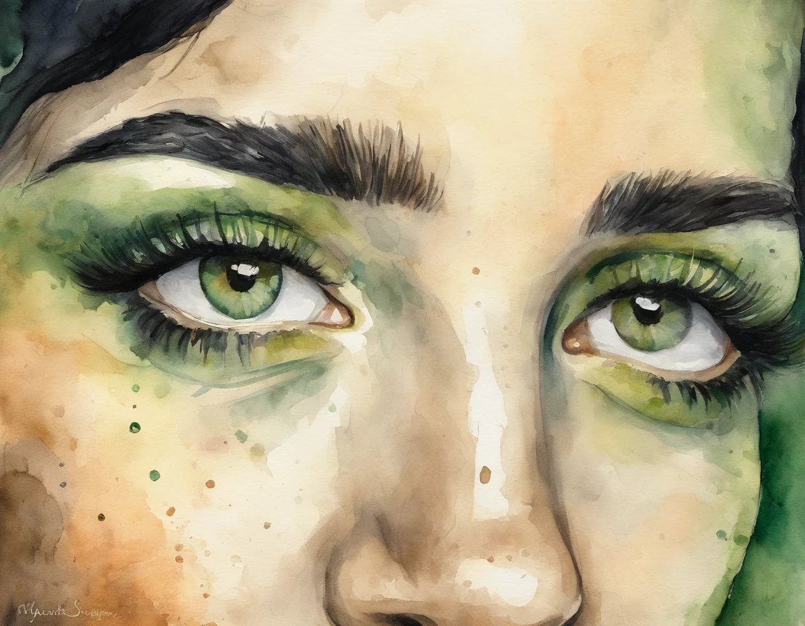 Young girl with short black hair and green iris, Van Gogh style, watercolor, soft color, side view face, close-up, Vintage images, high resolution, realistic