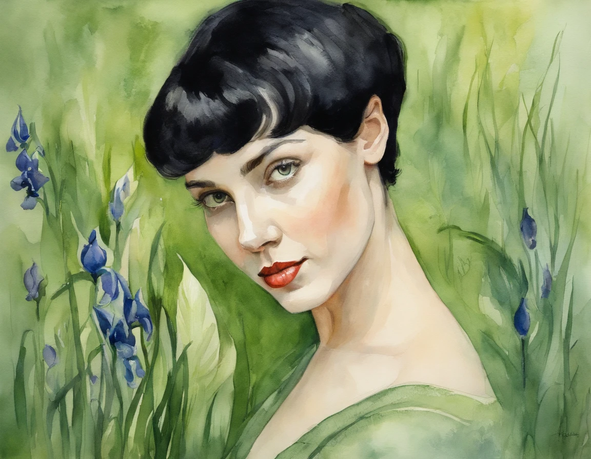 Young girl with short black hair and green iris, Van Gogh style, watercolor, soft color, side view face, close-up, Vintage images, high resolution, realistic