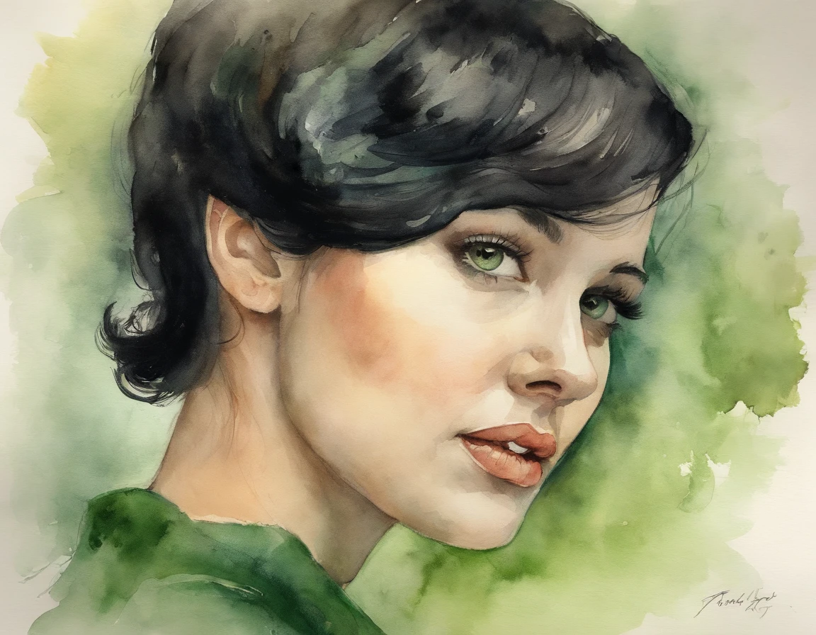 Young girl with short black hair and green iris, Van Gogh style, watercolor, soft color, side view face, close-up, Vintage images, high resolution, realistic