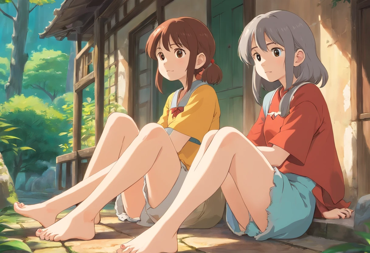 2 girls, sitting together, bare feet