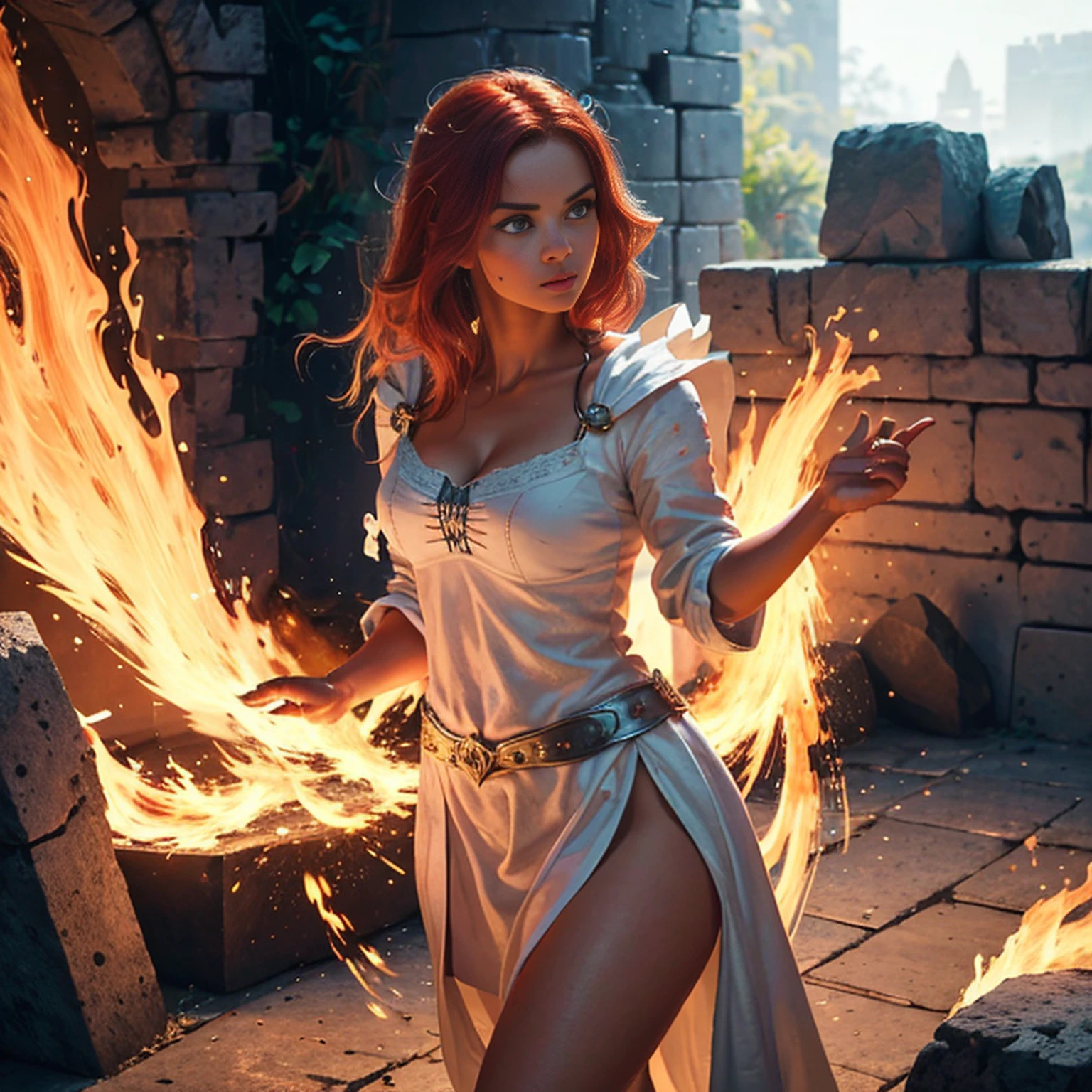 8k, ultra detalhado, master part, melhor qualidade, (extremamente detalhado), Arafed, arte dnd, scenic view, corpo inteiro, Aasimar sorceress casting a flaming spell, Aasimar, female, (Obra-prima 1.3, Detalhes intensos), female, feiticeira, Casting Flaming Spell (Obra-prima 1.3, Detalhes intensos) grandes asas angelicais, Open Blue Angelic Wings (Obra-prima 1.3, Detalhes intensos), magical fantasy background (Obra-prima 1.5, Detalhes intensos), lua, Estrelas, nuvem, vestindo manto branco, Capa roxa, flowing robe (Obra-prima 1.3, Detalhes intensos), Botas de salto alto (Obra-prima 1.3, Detalhes intensos), armado com pessoal, red hair, olhos verdes, olhos intensos, Feminino, Face Ultra Detalhada, (Obra-prima 1.5, melhor qualidade), anatomicamente correto (Obra-prima 1.3, Detalhes intensos), face determinada, Luz Divina, Cinematic lighting, luz suave, silhueta, fotorrealismo, scenic view (Obra-prima 1.3, Detalhes intensos) , Wide-Angle, Ultra-Grande Angular, 8k, Altas, melhor qualidade, Detalhes altos @Vlademir Bernardes