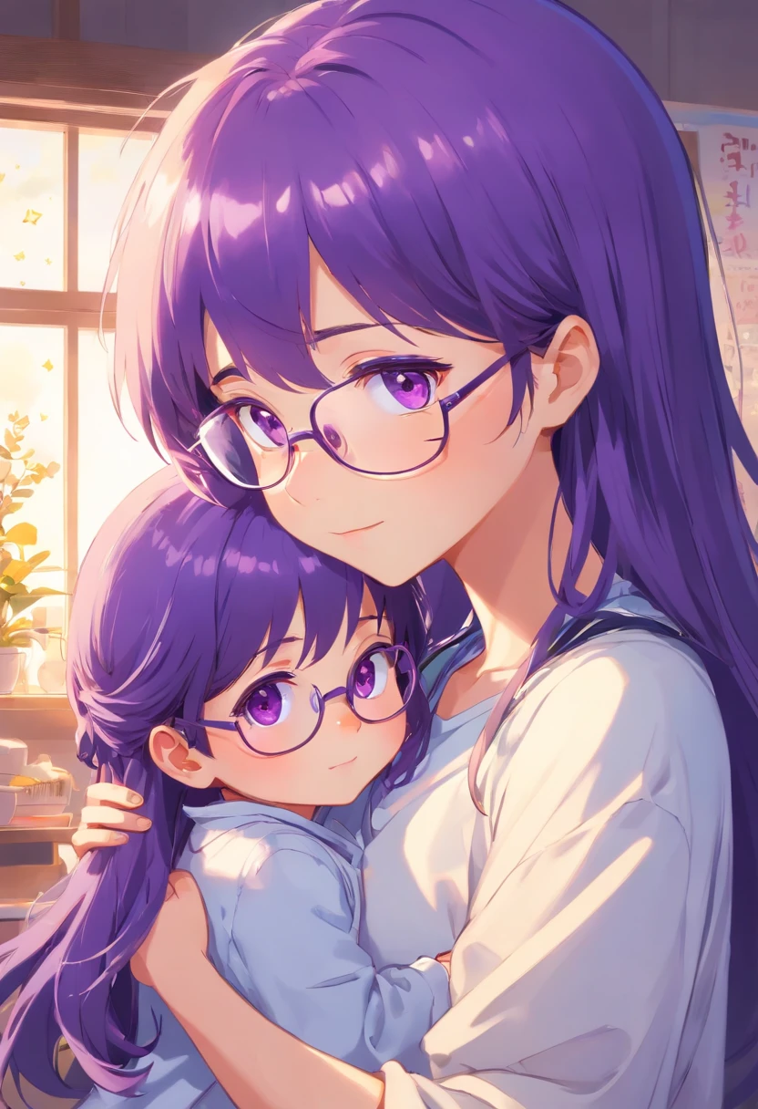 mothers, Glasses, Purple hair, Purple eyes,Star bangs in the eyes, white clothes, Hugging baby girl,Golden head hair,Stars in the eyes Long Black Hair, Bangs, Newborn clothing, childs room