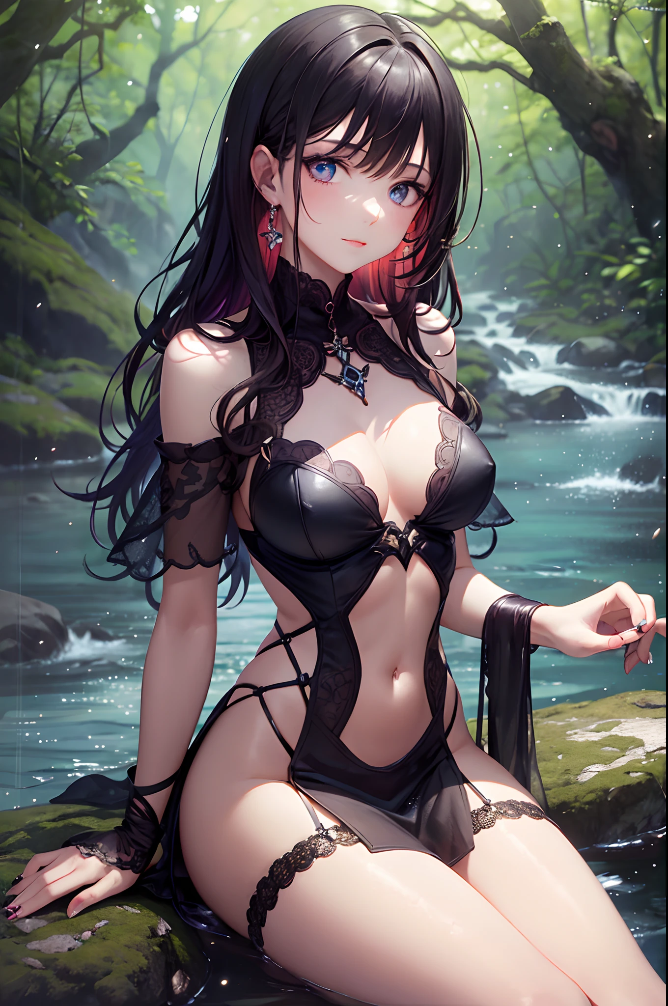 (masterpiece),best quality,depth of field, intricate 1girl,looking at viewer,((She's Elegantly sitting ))(red medium length Hair), Purple Clear Eyes,((Beautiful, detailed body))head to toe portrait:1.3))((, She's sitting on a rock in a highly detailed magical forest with river)) detailed sharp sparkly blue eyes!! Luminous lighting. 4K, pixiv. Slightly sensual. Bright bold colors. The most beautiful woman in the world. Her skin has a glossy sheen. Edges of objects have a very luminous glow.