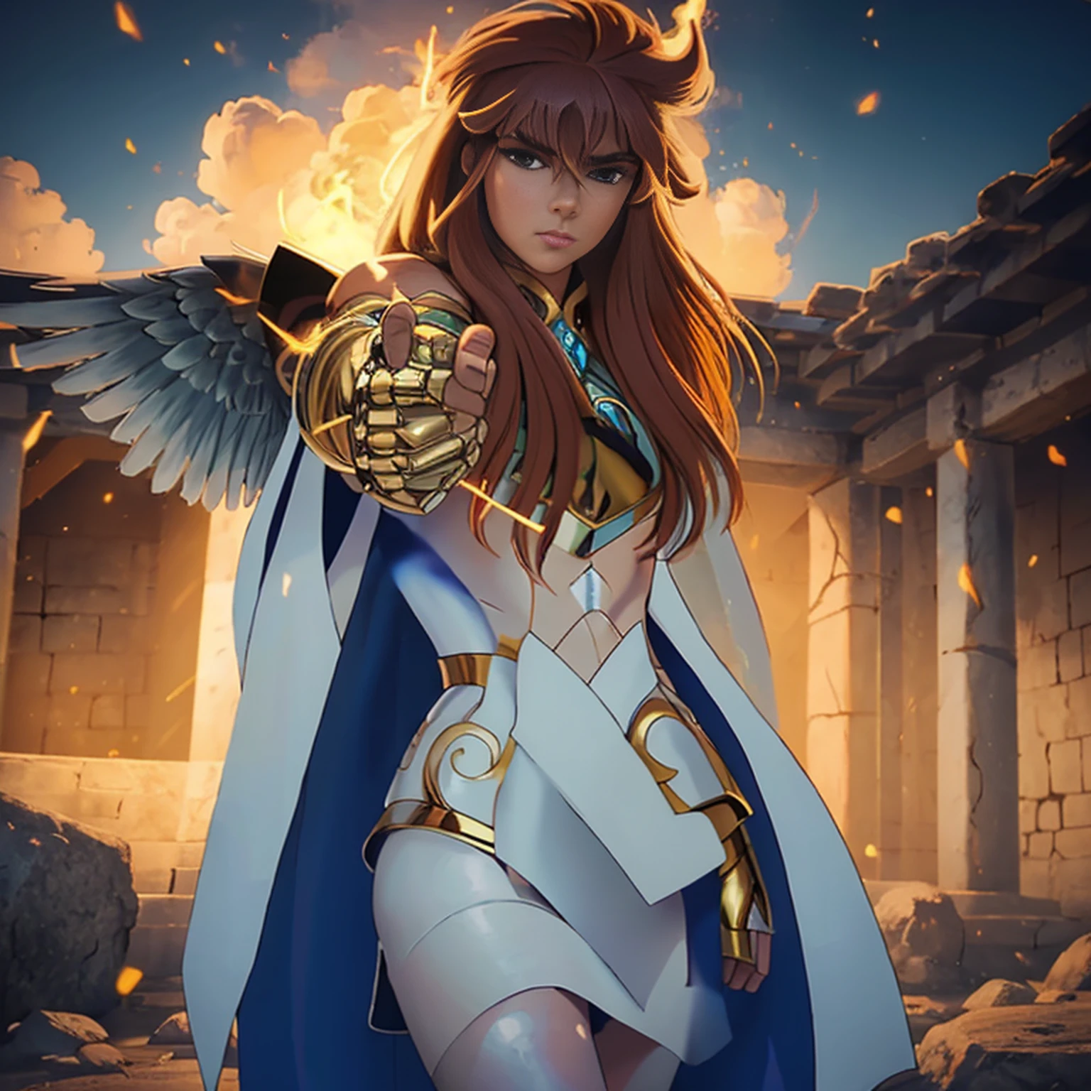 8k, ultra detalhado, master part, melhor qualidade, (extremamente detalhado), Arafed, arte dnd, scenic view, corpo inteiro, Aasimar sorceress casting a flaming spell, Aasimar, female, (Obra-prima 1.3, Detalhes intensos), female, feiticeira, Casting Flaming Spell (Obra-prima 1.3, Detalhes intensos) grandes asas angelicais, Open Blue Angelic Wings (Obra-prima 1.3, Detalhes intensos), magical fantasy background (Obra-prima 1.5, Detalhes intensos), lua, Estrelas, nuvem, vestindo manto branco, Capa roxa, flowing robe (Obra-prima 1.3, Detalhes intensos), Botas de salto alto (Obra-prima 1.3, Detalhes intensos), armado com pessoal, red hair, olhos verdes, olhos intensos, Feminino, Face Ultra Detalhada, (Obra-prima 1.5, melhor qualidade), anatomicamente correto (Obra-prima 1.3, Detalhes intensos), face determinada, Luz Divina, Cinematic lighting, luz suave, silhueta, fotorrealismo, scenic view (Obra-prima 1.3, Detalhes intensos) , Wide-Angle, Ultra-Grande Angular, 8k, Altas, melhor qualidade, Detalhes altos @Vlademir Bernardes
