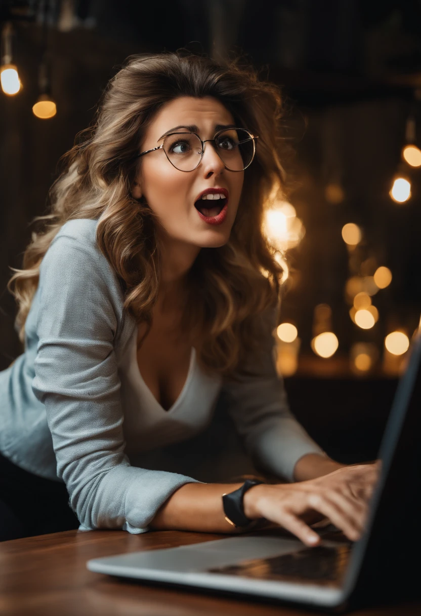 Woman with surprised expression looking at laptop screen with open mouth, Stock photo by Nicholas Marsikano, trending on pexels, computer art, Uncompressed png, shocked look, Surprised expression on his face, Shocked expression on his face, Cool Marketing Photo, Crazy Hacker Girl, Expressive, surprised expression on his face, 3389861569, exploitable image