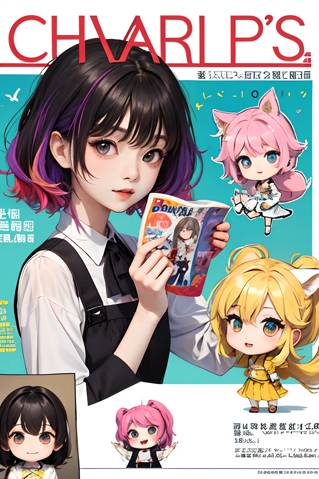 ​masterpiece、top-quality、(Chibi Chara's Daughter:1.2)Leo Parade、colourful hair、outside of house、Magazine covers、The upper part of the body、Types of dogs