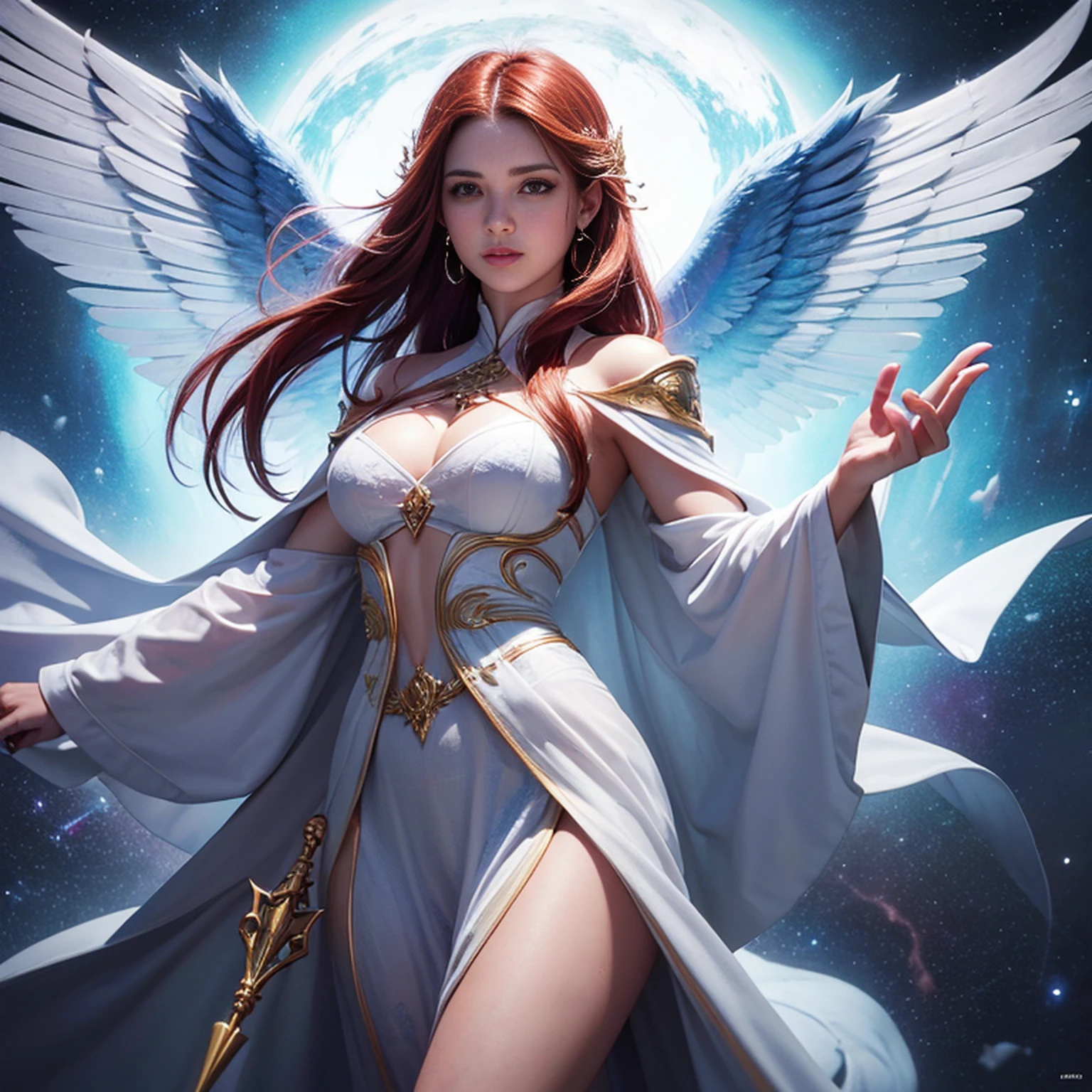 8k, ultra detalhado, master part, melhor qualidade, (extremamente detalhado), Arafed, arte dnd, scenic view, corpo inteiro, Aasimar sorceress casting a flaming spell, Aasimar, female, (Obra-prima 1.3, Detalhes intensos), female, feiticeira, Casting Flaming Spell (Obra-prima 1.3, Detalhes intensos) grandes asas angelicais, Open Blue Angelic Wings (Obra-prima 1.3, Detalhes intensos), magical fantasy background (Obra-prima 1.5, Detalhes intensos), lua, Estrelas, nuvem, vestindo manto branco, Capa roxa, flowing robe (Obra-prima 1.3, Detalhes intensos), Botas de salto alto (Obra-prima 1.3, Detalhes intensos), armado com pessoal, red hair, olhos verdes, olhos intensos, Feminino, Face Ultra Detalhada, (Obra-prima 1.5, melhor qualidade), anatomicamente correto (Obra-prima 1.3, Detalhes intensos), face determinada, Luz Divina, Cinematic lighting, luz suave, silhueta, fotorrealismo, scenic view (Obra-prima 1.3, Detalhes intensos) , Wide-Angle, Ultra-Grande Angular, 8k, Altas, melhor qualidade, Detalhes altos @Vlademir Bernardes