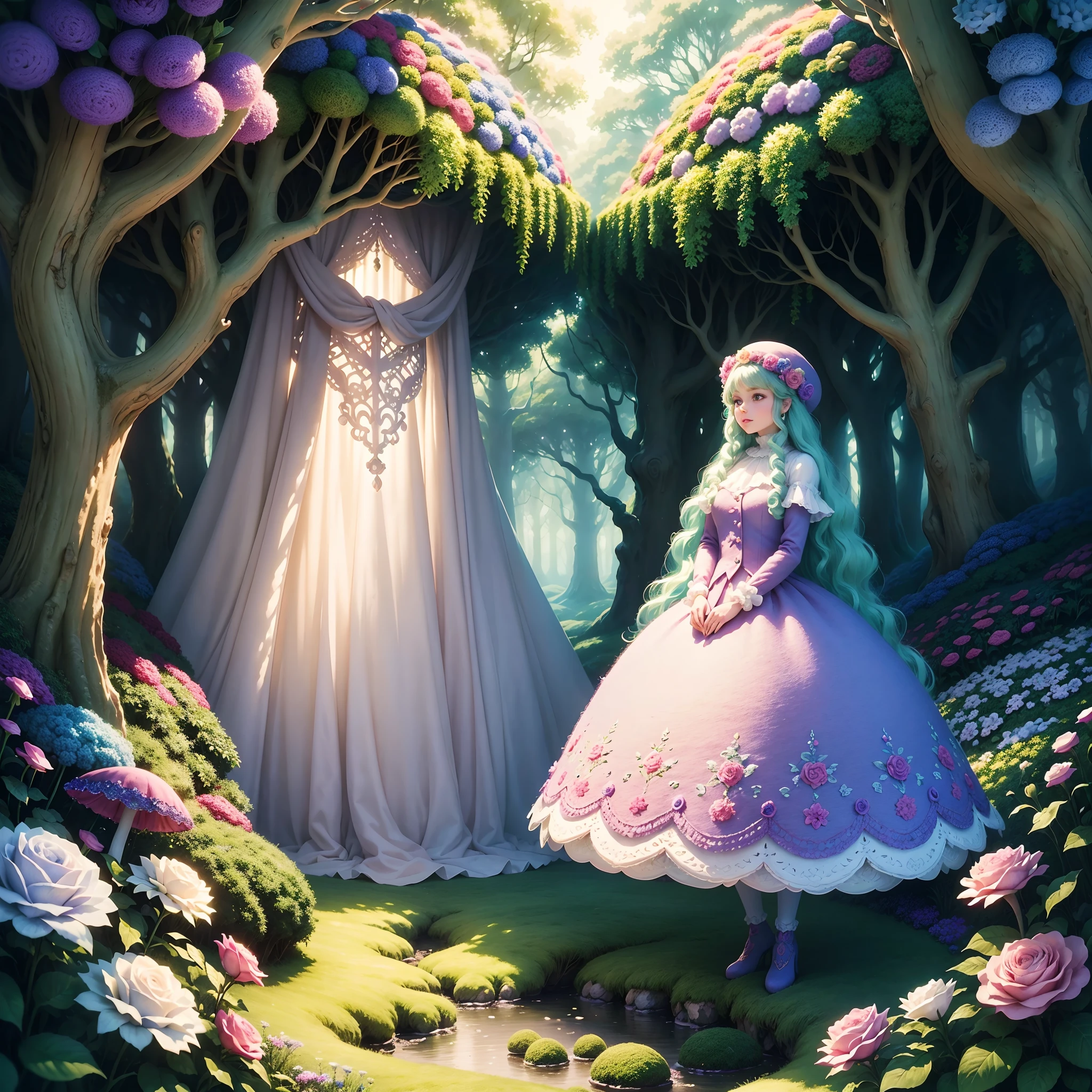 Wool felt animation,Dreamy Wonderland,an enchanted forest,Superb needlework details,Imaginative landscape,Soft touch,Knitted fabric makeover,Subtle lighting effects,A saturated color palette,Hand-dyed wool fibers,Rose garden,Lush greenery, Vibrant mushrooms, fresh flowers,Vibrant colors,The magical world of wool felt.
