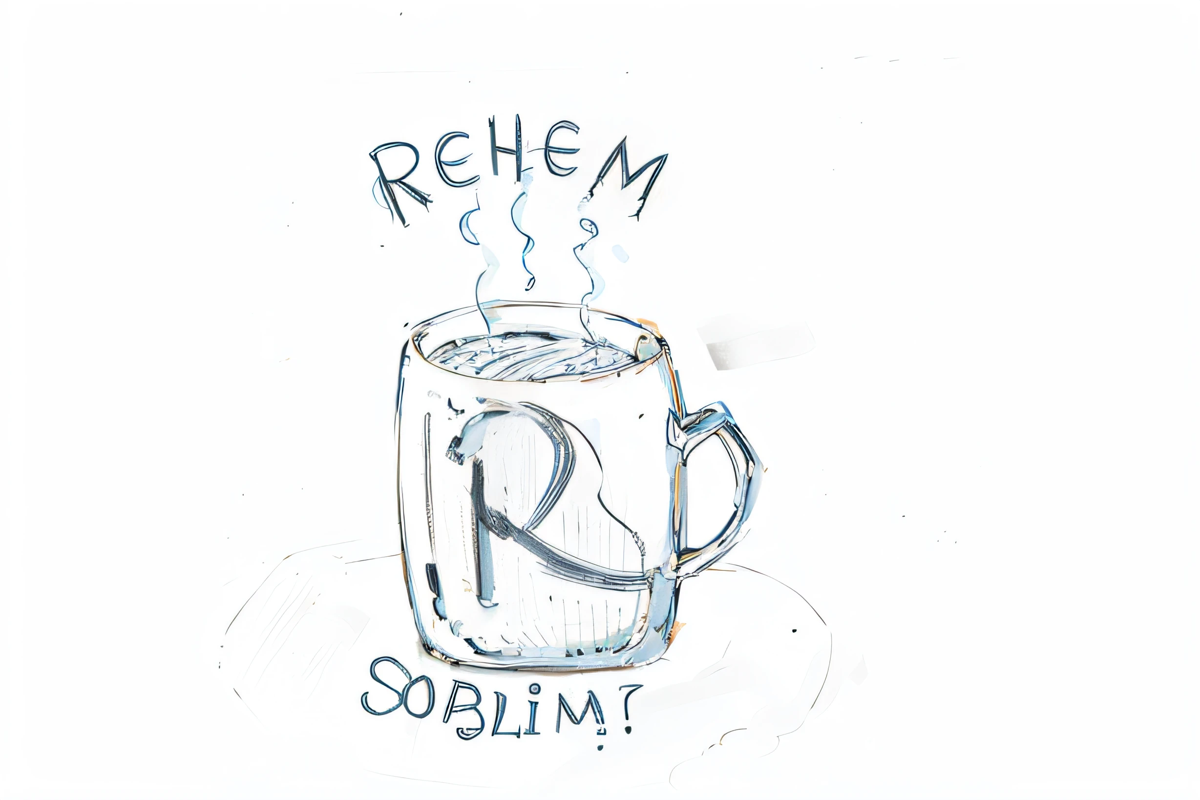 A drawing of a cup of coffee with a steam coming out of it, simbolismo do renascimento, solene, inspired by Shūbun Tenshō, Rembranlt, inspired by Reuben Tam, Subliminar, Sholim, sublime, gesto solene, inspirado por Robert Colquhoun, delirium, inspired by Hermann Rüdisühli, Detalhe sublime
