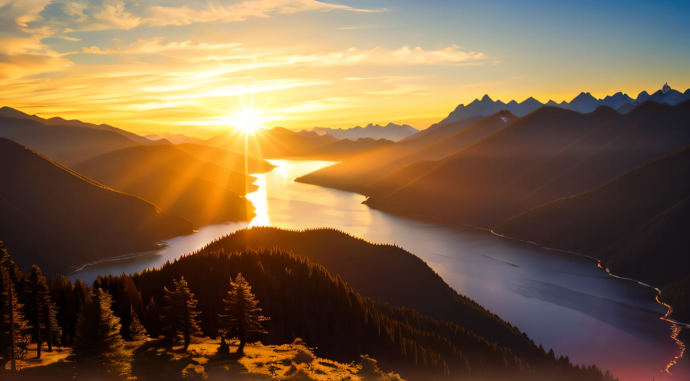 Sunset, Sunset between mountains, universe, Night Sky, Beautiful Tutus, Excellent quality, mountain, river, forest, The atmosphere is great., Beautiful world, natural,