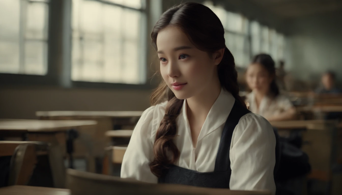 a picture、(Photorealsitic:1.4)、(hyper realisitic:1.4)、(Cinematic:1.5)、Woman in her 20s、caucasian female、solo, （beautiful and delicate face）、（High-quality eyes）、hi-school girl、校服、bow ribbon、‎Classroom、Window seat、desk、textbook、（look out the window:1.5), (look up the sky)
