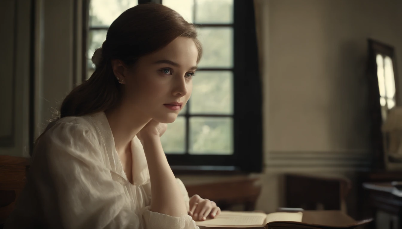 a picture、(Photorealsitic:1.4)、(hyper realisitic:1.4)、(Cinematic:1.5)、Woman in her 20s、caucasian female、solo, (beautiful and delicate face)、(High-quality eyes)、hi-school girl、校服、bow ribbon、Classroom、Window seat、desk、textbook、(look out the window:1.5), (look up the sky)