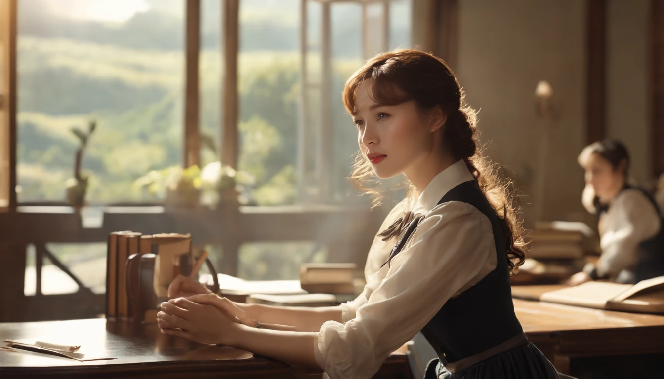 a picture、(Photorealsitic:1.4)、(hyper realisitic:1.4)、(Cinematic:1.5)、Woman in her 20s、caucasian female、solo, （beautiful and delicate face）、（High-quality eyes）、hi-school girl、校服、bow ribbon、‎Classroom、Window seat、desk、textbook、（look out the window:1.5), (look up the sky)