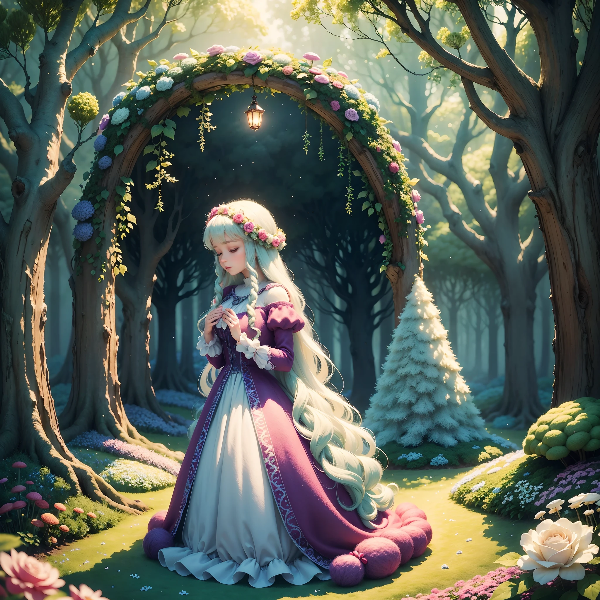 Wool felt animation,Dreamy Wonderland,an enchanted forest,Superb needlework details,Imaginative landscape,Soft touch,Knitted fabric makeover,Subtle lighting effects,A saturated color palette,Hand-dyed wool fibers,Rose garden,Lush greenery, Vibrant mushrooms, fresh flowers,Vibrant colors,The magical world of wool felt.