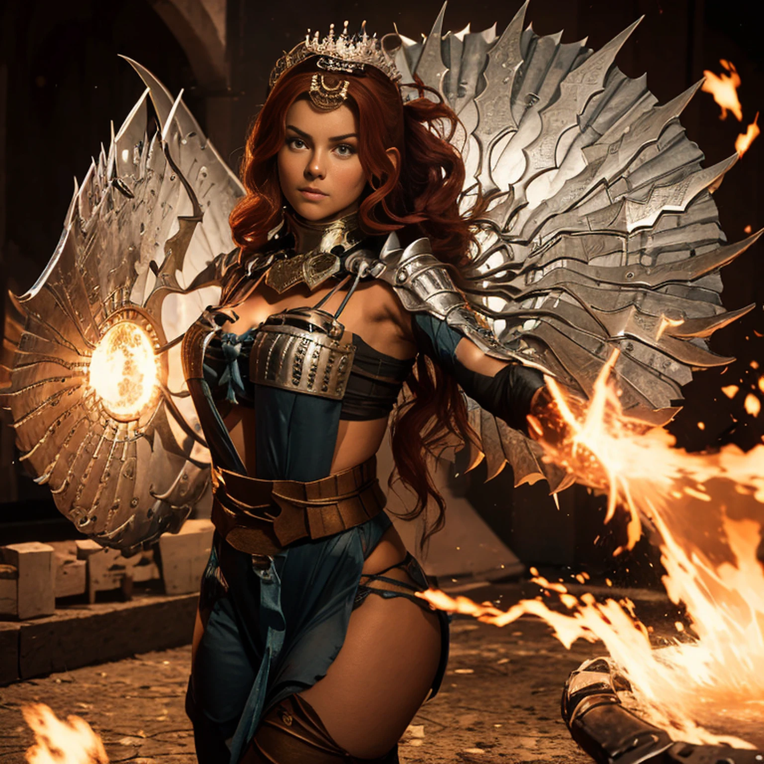 8k, ultra detalhado, master part, melhor qualidade, (extremamente detalhado), Arafed, arte dnd, scenic view, corpo inteiro, Aasimar sorceress casting a flaming spell, Aasimar, female, (Obra-prima 1.3, Detalhes intensos), female, feiticeira, Casting Flaming Spell (Obra-prima 1.3, Detalhes intensos) grandes asas angelicais, Open Blue Angelic Wings (Obra-prima 1.3, Detalhes intensos), magical fantasy background (Obra-prima 1.5, Detalhes intensos), lua, Estrelas, nuvem, vestindo manto branco, Capa roxa, flowing robe (Obra-prima 1.3, Detalhes intensos), Botas de salto alto (Obra-prima 1.3, Detalhes intensos), armado com pessoal, red hair, olhos verdes, olhos intensos, Feminino, Face Ultra Detalhada, (Obra-prima 1.5, melhor qualidade), anatomicamente correto (Obra-prima 1.3, Detalhes intensos), face determinada, Luz Divina, Cinematic lighting, luz suave, silhueta, fotorrealismo, scenic view (Obra-prima 1.3, Detalhes intensos) , Wide-Angle, Ultra-Grande Angular, 8k, Altas, melhor qualidade, Detalhes altos @Vlademir Bernardes