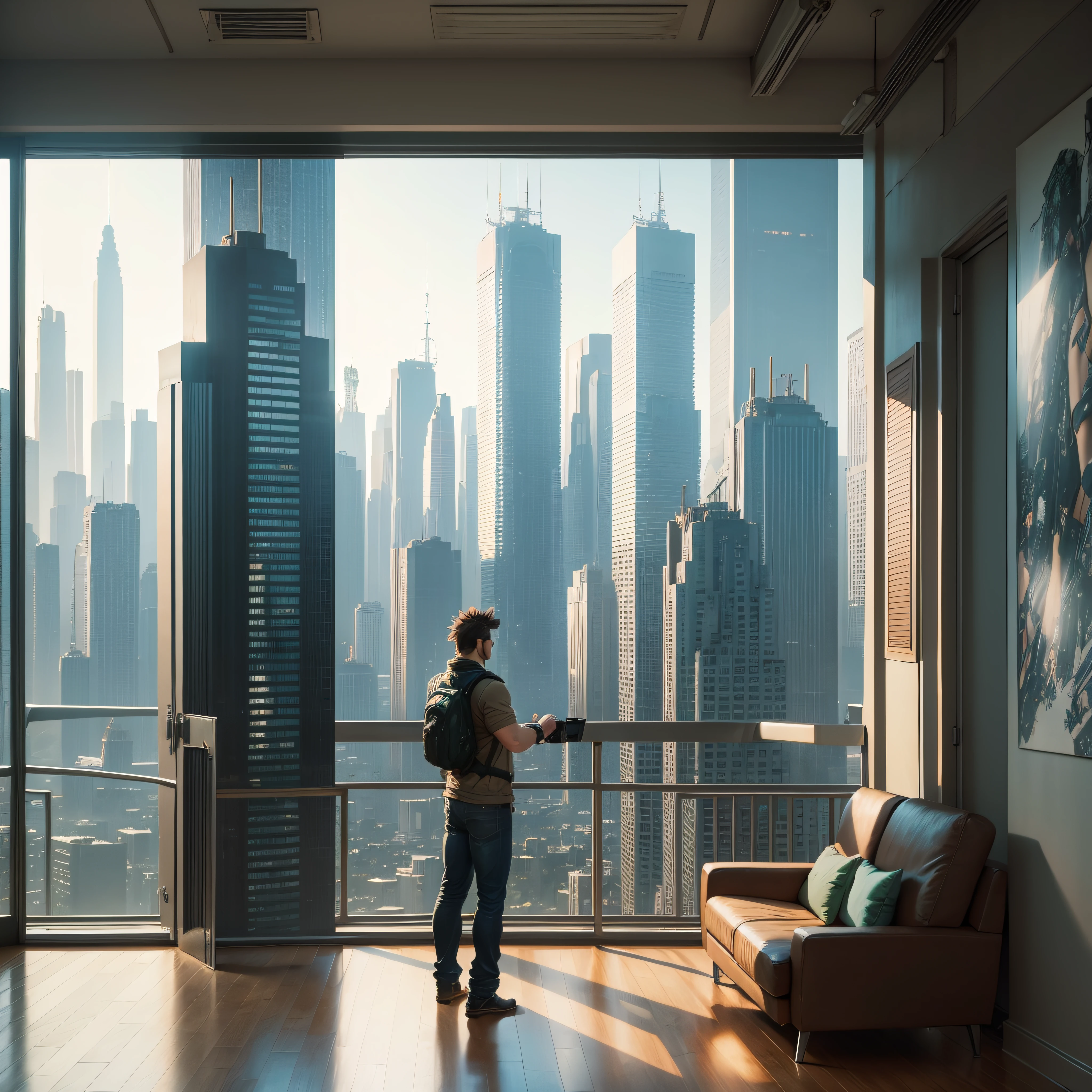 Midgar City-style apartment with cityscape in the background --auto
