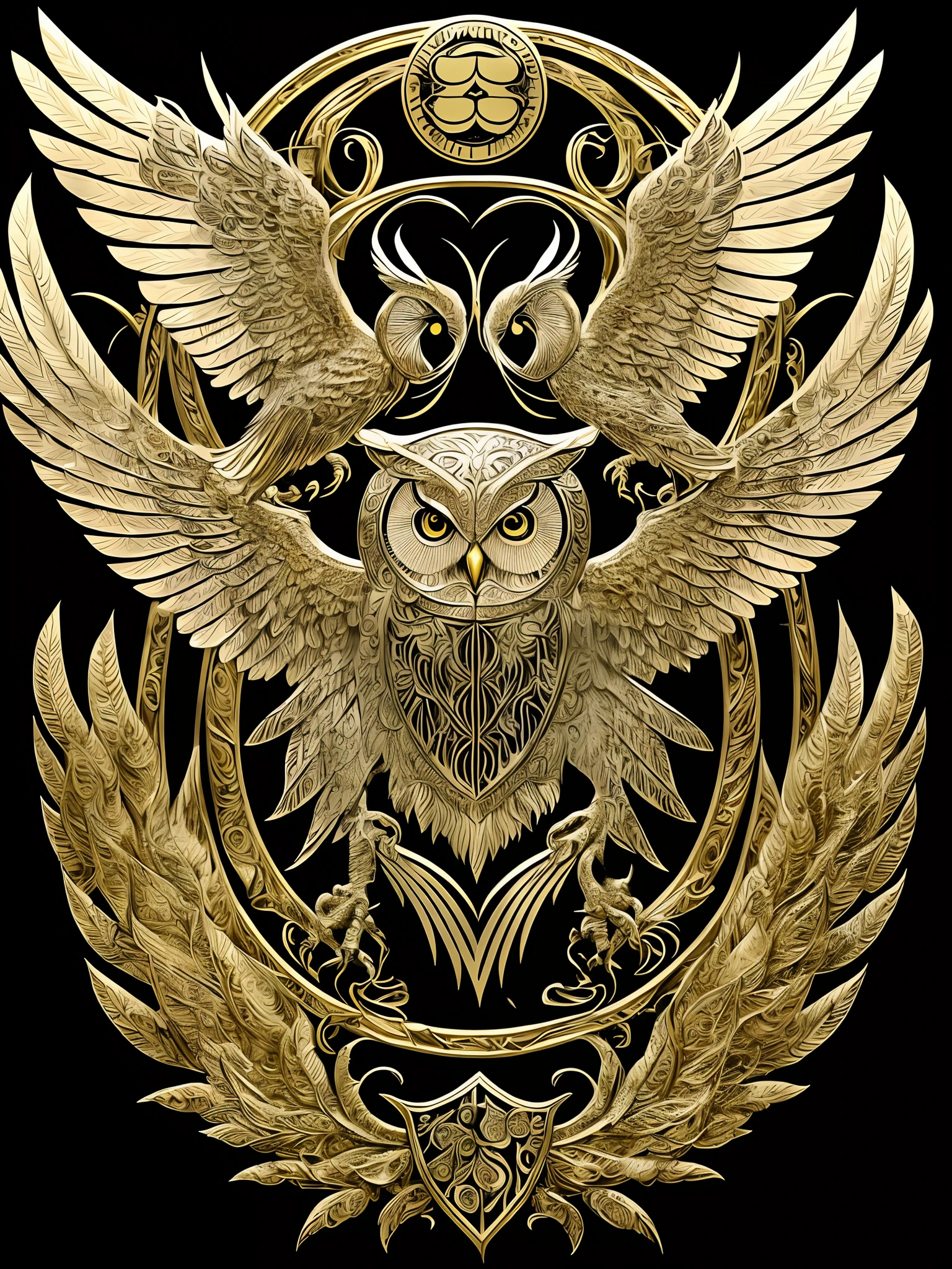 Golden image of an owl with wings and a shield, Golden black vector art, highly detailed Vector art, Clean detail art, high detailed official artwork, very detailed illustration, Symmetrical and intricate details, highly detailed dark art, Gold Black Very Detailed, Highly detailed design, with wings. Ultra-detailed, Highly detailed design, shield design