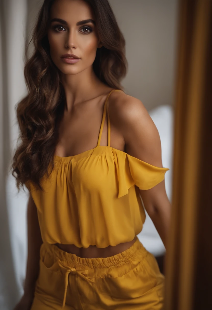 Femme avec maillot manche longue jaune, fille sexy aux yeux bruns, Portrait, cheveux longs et bruns et grands yeux, chaussure Louboutin noire, Selfie, Yeux de chambre, Violet Myers, sans maquillage, maquillage naturel, turn to look at the camera, Visage avec Artgram, Maquillage subtil, Superbe photo du corps entier, dans la chambre, cul sexy