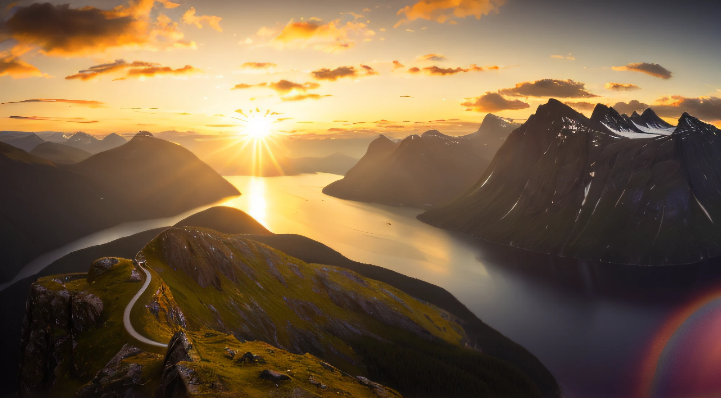 Mountain view with lake and sunset, Norwegian, Fjords, by Anton Lehmden, Warm glow, Glorious Light, sun shining, by Jakob Gauermann, Sunrise between two mountains, by Johannes Voss, breathtaking scenery, Norwegian Mountains, mountain, Amazing view., High quality wallpaper, majestic light, Golden Glow, Terragen, universe, Night Sky, star,