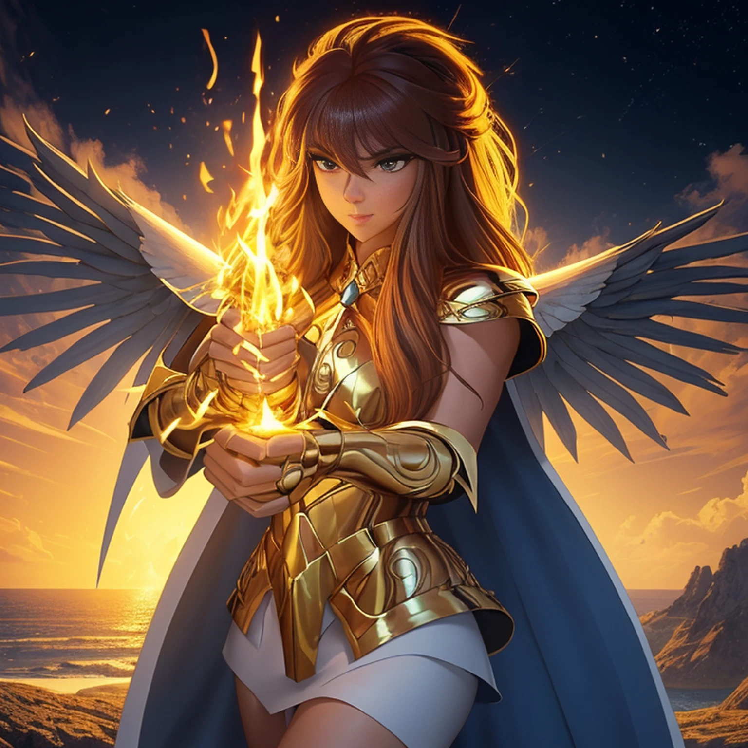 8k, ultra detalhado, master part, melhor qualidade, (extremamente detalhado), Arafed, arte dnd, scenic view, corpo inteiro, Aasimar sorceress casting a flaming spell, Aasimar, female, (Obra-prima 1.3, Detalhes intensos), female, feiticeira, Casting Flaming Spell (Obra-prima 1.3, Detalhes intensos) grandes asas angelicais, Open Blue Angelic Wings (Obra-prima 1.3, Detalhes intensos), magical fantasy background (Obra-prima 1.5, Detalhes intensos), lua, Estrelas, nuvem, vestindo manto branco, Capa roxa, flowing robe (Obra-prima 1.3, Detalhes intensos), Botas de salto alto (Obra-prima 1.3, Detalhes intensos), armado com pessoal, red hair, olhos verdes, olhos intensos, Feminino, Face Ultra Detalhada, (Obra-prima 1.5, melhor qualidade), anatomicamente correto (Obra-prima 1.3, Detalhes intensos), face determinada, Luz Divina, Cinematic lighting, luz suave, silhueta, fotorrealismo, scenic view (Obra-prima 1.3, Detalhes intensos) , Wide-Angle, Ultra-Grande Angular, 8k, Altas, melhor qualidade, Detalhes altos @Vlademir Bernardes
