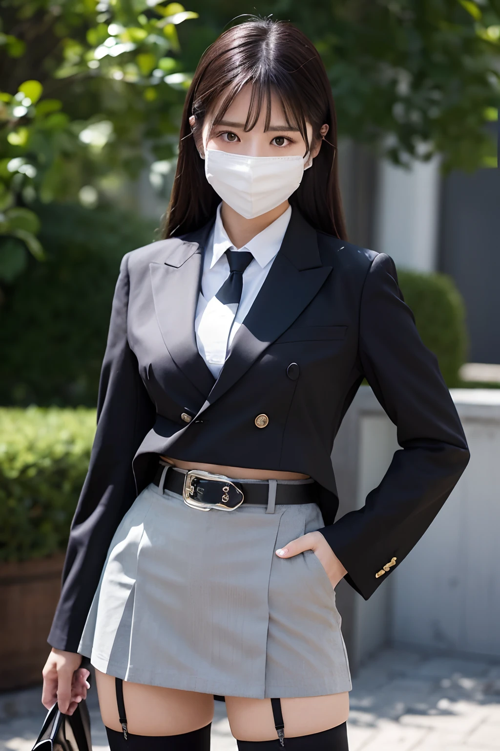 ​masterpiece、top-quality、The ultra -The high-definition、、colourfull、flat-colors、depth of fields、lens flare 1 girl、、A dark-haired、watching at viewers　Suits　Cutter shirt　a belt　suspenders　working adults　materia　OL　Black Suit　Black jacket　glares　huge-breasted　a miniskirt　garterbelts　knee high　Stockings　Black Neeso Mask　Colorcon
