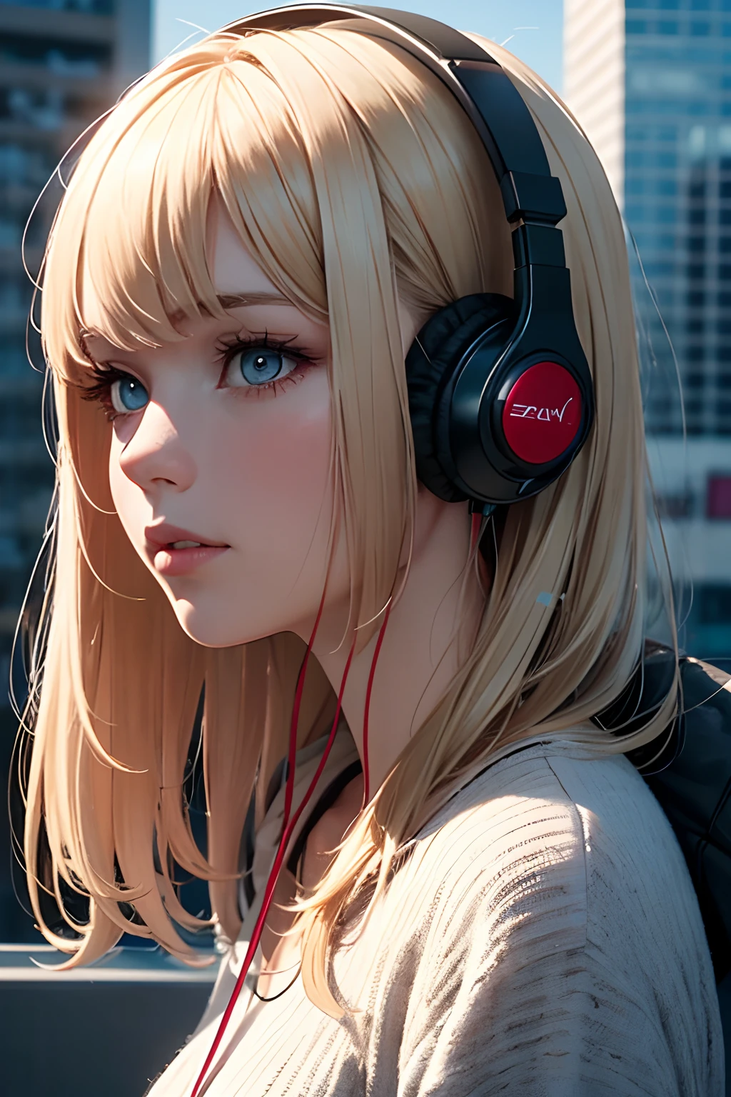 Create a high quality image, extreme detail, ultra definition, extreme realism, high quality lighting, 16k UHD, a girl, headphones, in front of a desk studying, (window with opaque glass), night, soft and warm ultra definition light, lofi style, view from below and distant