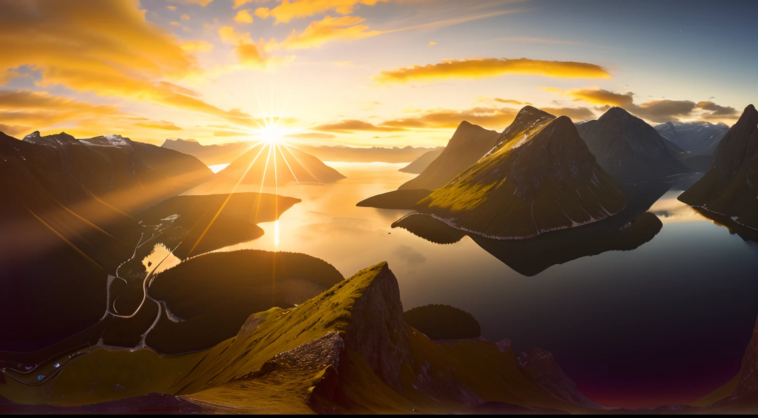 Mountain view with lake and sunset, Norwegian, Fjords, by Anton Lehmden, Warm glow, Glorious Light, sun shining, by Jakob Gauermann, Sunrise between two mountains, by Johannes Voss, breathtaking scenery, Norwegian Mountains, mountain, Amazing view., High quality wallpaper, majestic light, Golden Glow, Terragen, universe, Night Sky, star,