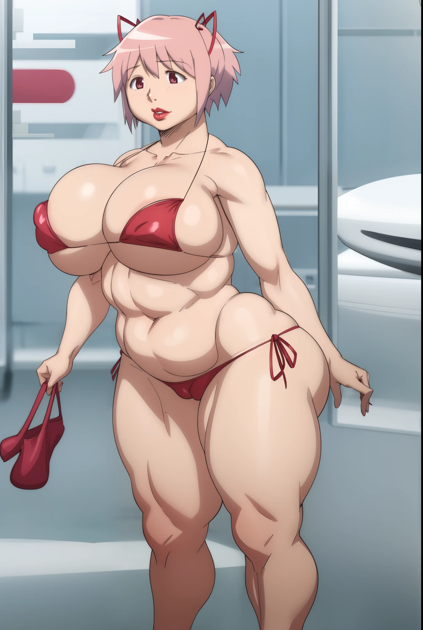 1girl, solo, madoka, bikini , big breast, red lipstic, bimbo, curvy, standing