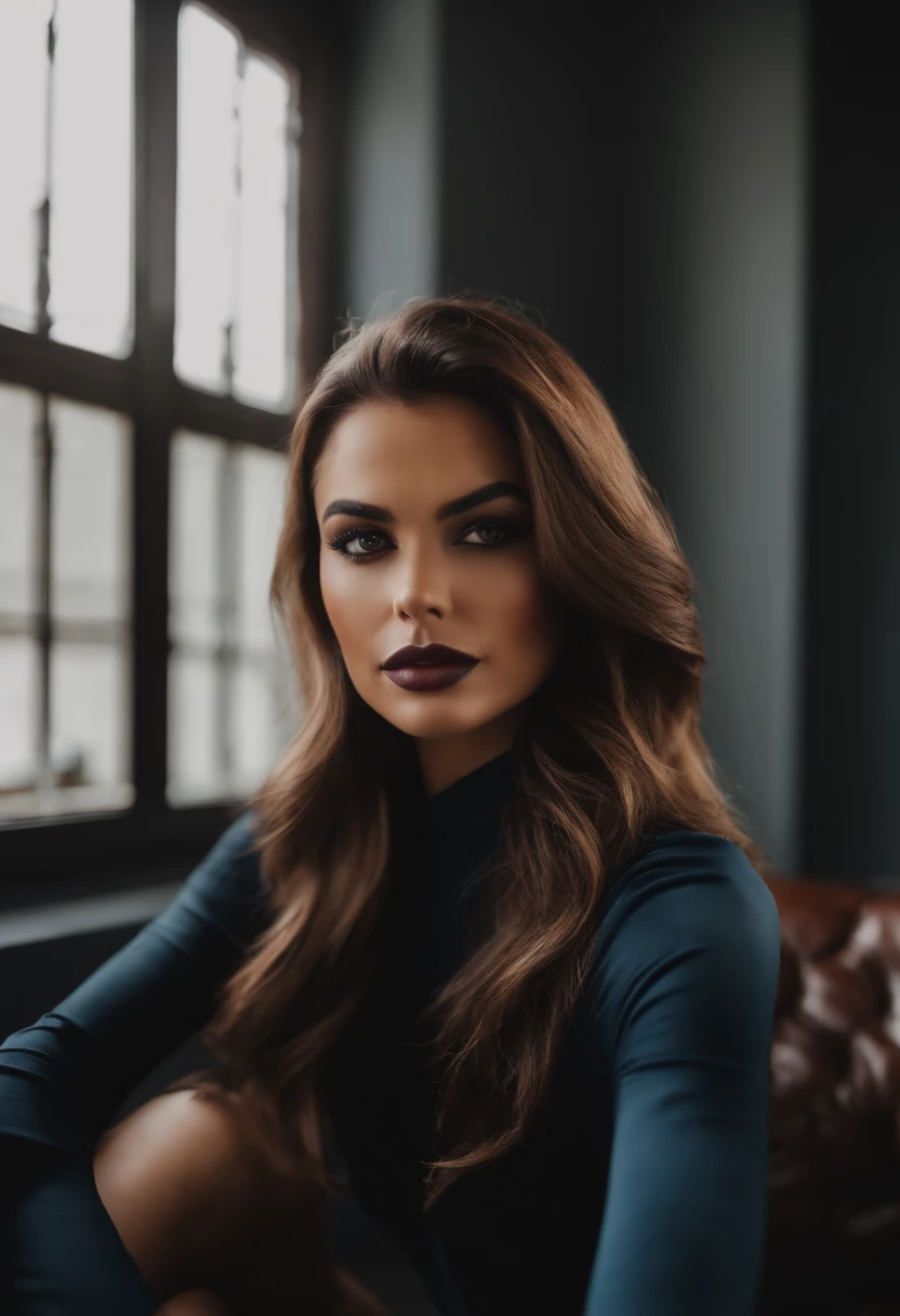Women's Navy Long Sleeve Jersey, Sexy girl with brown eyes, Portrait, long brown hair and big eyes, Black Louboutin Shoes, Selfie, Chamber Eye, Violet Myers, makeup-free, natural make up, turn to look at the camera, Artgram Face, subtle makeup, Amazing full-body photos, in room, sexy buttocks