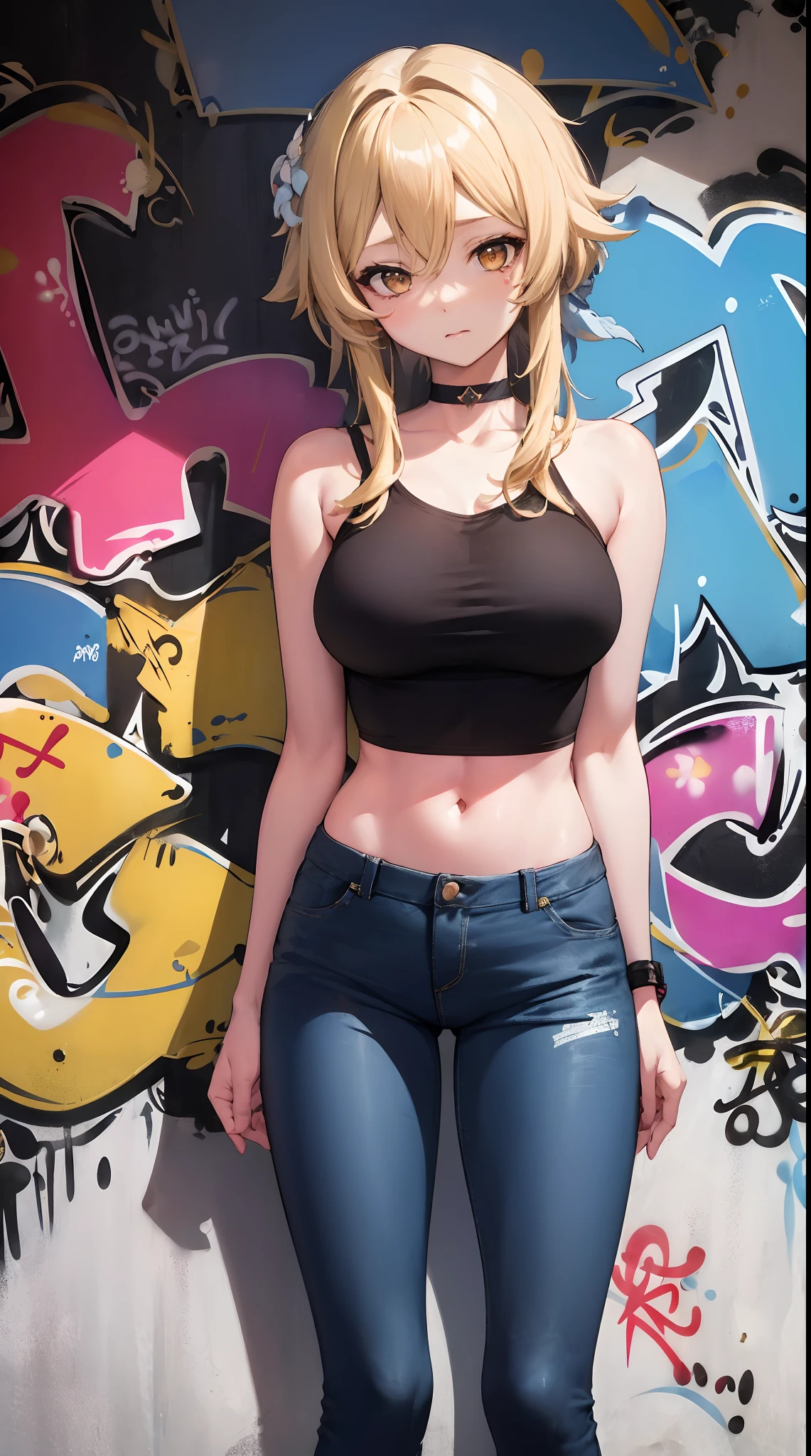 Lumine|genshin impact, master-piece, bestquality, 1girls,25 years old, proportional body, elongated legs, Beautiful, proportional., crop top, Long Jeans, mediuml breasts, ,bara, crop top, choker, (Graffiti:1.5), Splash with purple lightning pattern., arm behind back, against wall, View viewers from the front., Thigh strap, Head tilt, bored,