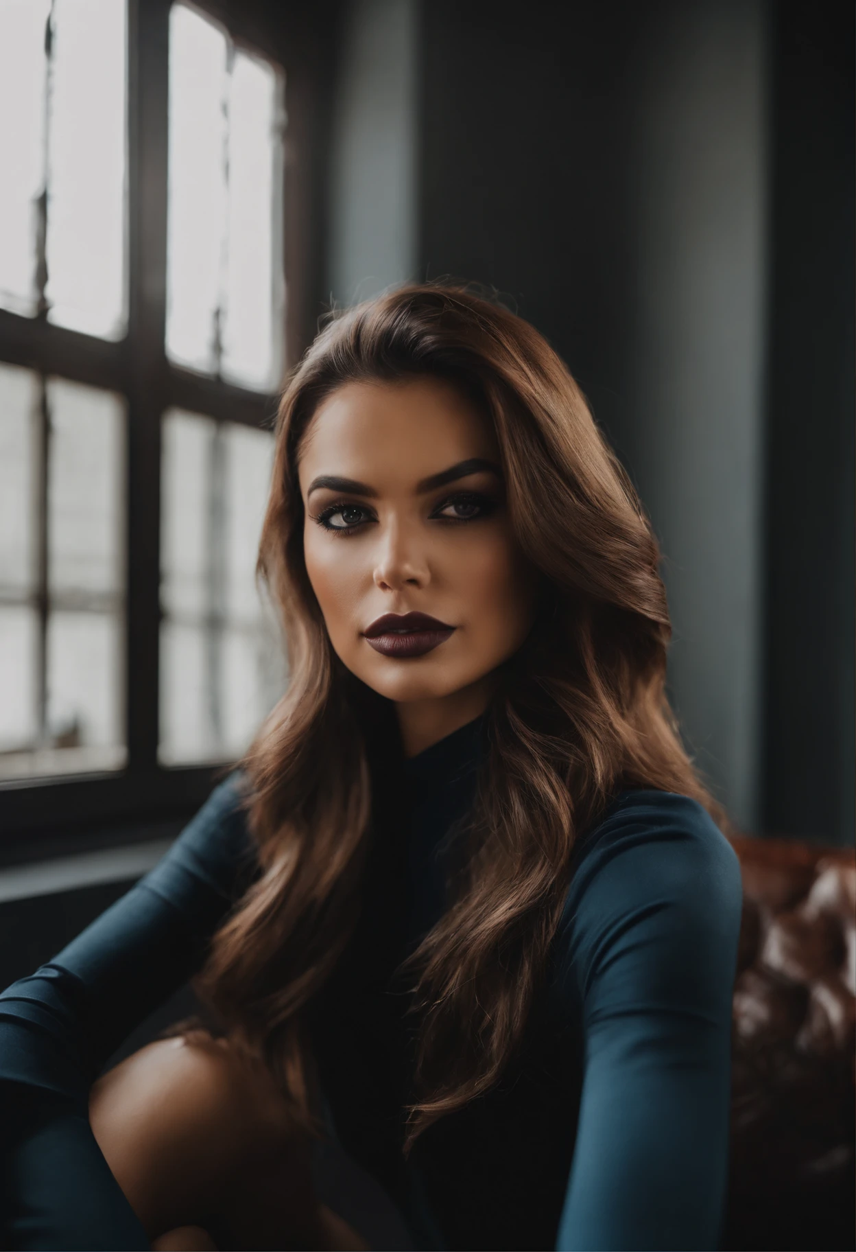 Women's Navy Long Sleeve Jersey, Sexy girl with brown eyes, Portrait, long brown hair and big eyes, Black Louboutin Shoes, Selfie, Chamber Eye, Violet Myers, makeup-free, natural make up, turn to look at the camera, Artgram Face, subtle makeup, Amazing full-body photos, in room, sexy buttocks