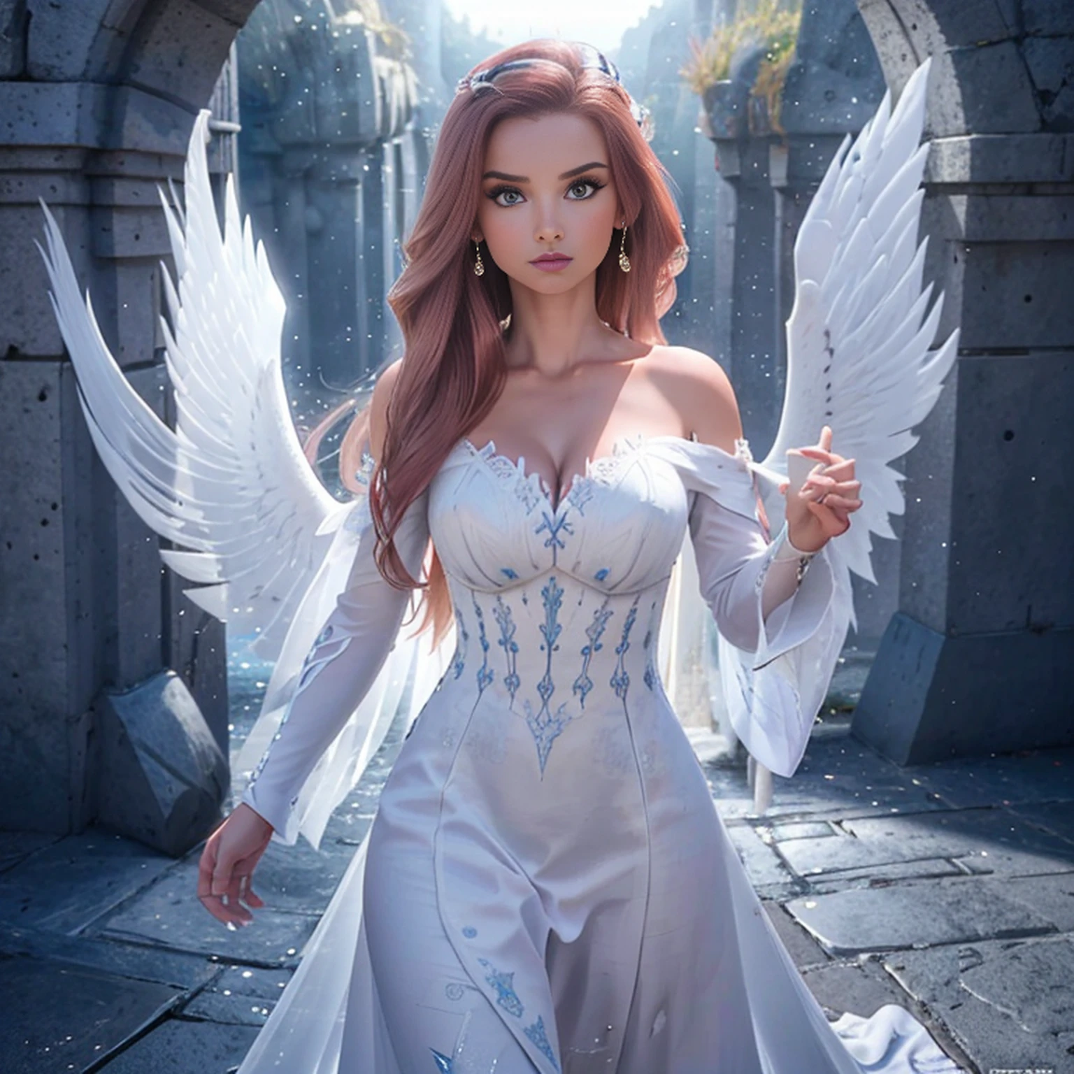 8k, ultra detalhado, master part, melhor qualidade, (extremamente detalhado), Arafed, arte dnd, scenic view, corpo inteiro, Aasimar sorceress casting a flaming spell, Aasimar, female, (Obra-prima 1.3, Detalhes intensos), female, feiticeira, Casting Flaming Spell (Obra-prima 1.3, Detalhes intensos) grandes asas angelicais, Open Blue Angelic Wings (Obra-prima 1.3, Detalhes intensos), magical fantasy background (Obra-prima 1.5, Detalhes intensos), lua, Estrelas, nuvem, vestindo manto branco, Capa roxa, flowing robe (Obra-prima 1.3, Detalhes intensos), Botas de salto alto (Obra-prima 1.3, Detalhes intensos), armado com pessoal, red hair, olhos verdes, olhos intensos, Feminino, Face Ultra Detalhada, (Obra-prima 1.5, melhor qualidade), anatomicamente correto (Obra-prima 1.3, Detalhes intensos), face determinada, Luz Divina, Cinematic lighting, luz suave, silhueta, fotorrealismo, scenic view (Obra-prima 1.3, Detalhes intensos) , Wide-Angle, Ultra-Grande Angular, 8k, Altas, melhor qualidade, Detalhes altos @Vlademir Bernardes