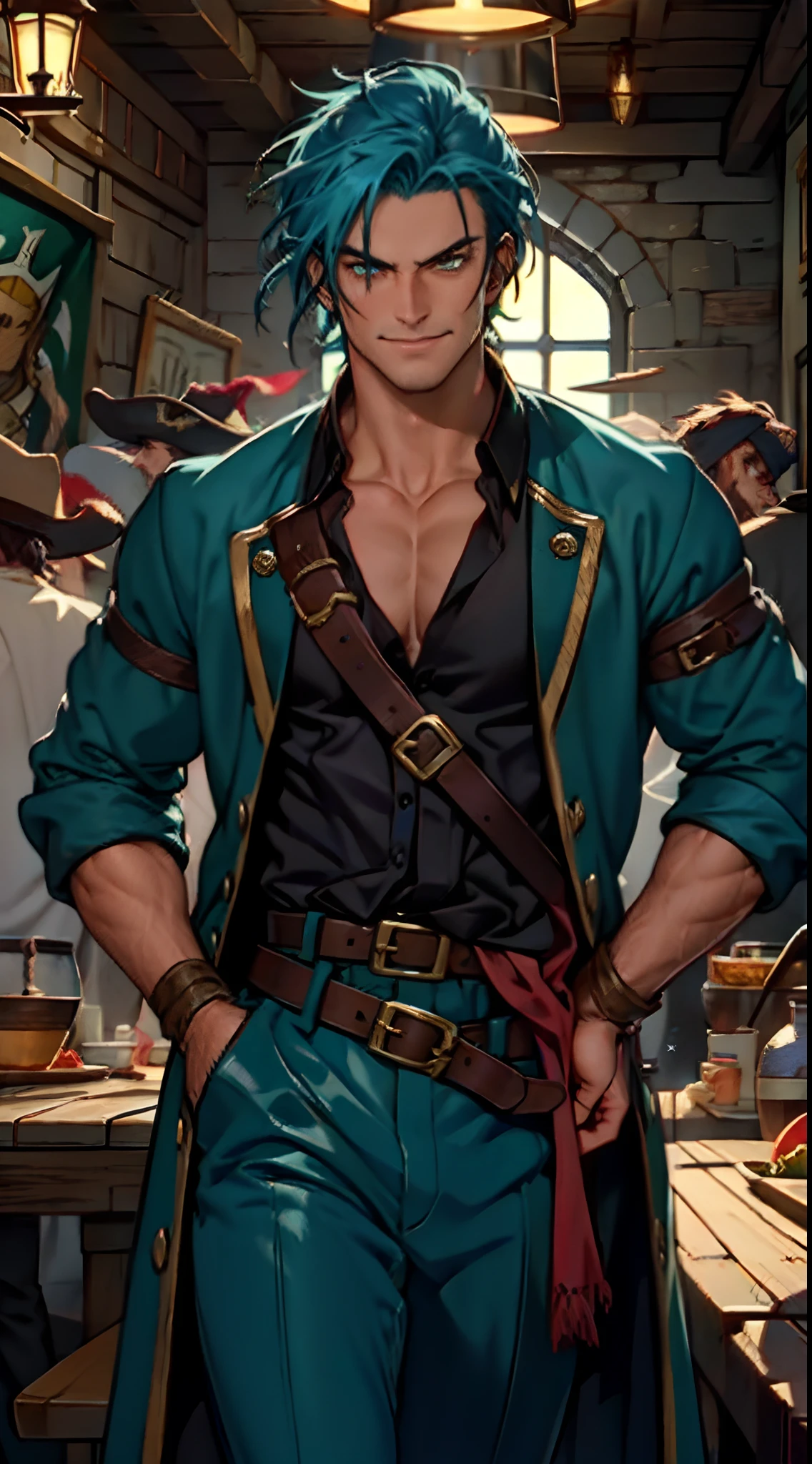 A man with short aqua-blue hair, wearing a headscarf, a fearless gaze, a playful smile, a confident demeanor, he has distinct facial features, he wears a two-piece fantasy pirate outfit, wears a black tight-fitting shirt underneath, a loose sky-blue coat over it, a ghostly face emblem belt, loose fabric pants, stands within a bustling fantasy medieval tavern, this character embodies a finely crafted fantasy-style pirate in anime style, characterized by an exquisite and mature manga illustration art style, high definition, best quality, highres, ultra-detailed, ultra-fine painting, extremely delicate, professional, anatomically correct, symmetrical face, extremely detailed eyes and face, high quality eyes, creativity, RAW photo, UHD, 8k, Natural light, cinematic lighting, masterpiece:1.5