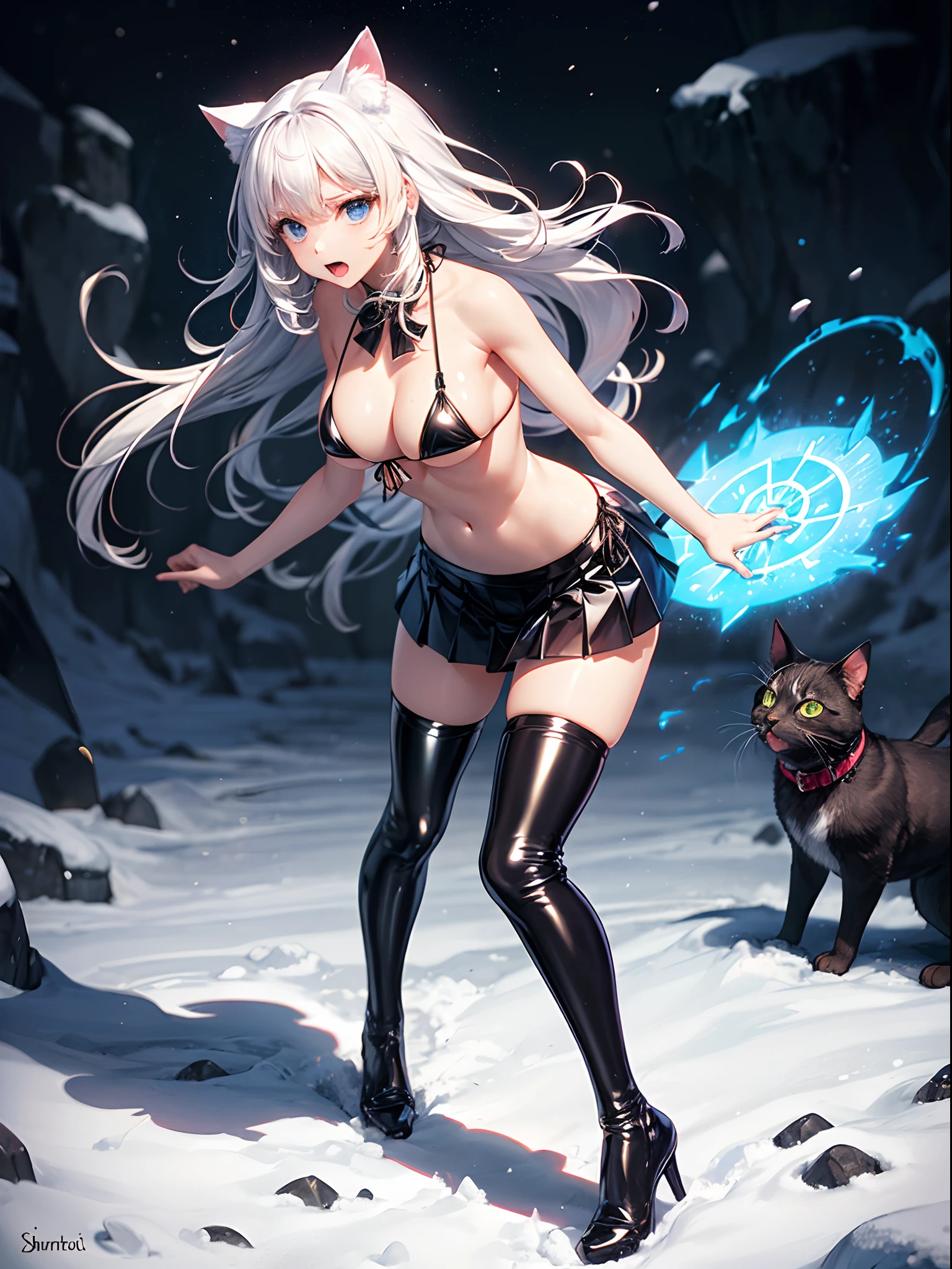 realisitic、top-quality、1woman, white wavy hair, cat ear ((blizzard summoning)) (((black PVC micro bikini))) (((black PVC pleated skirt))) (((black PVC knee socks))) big breasts
