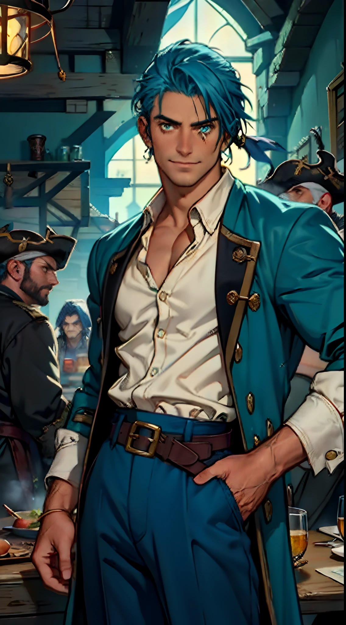 A man with short aqua-blue hair, wearing a headscarf, a fearless gaze, a playful smile, a confident demeanor, he has distinct facial features, he wears a two-piece fantasy pirate outfit, wears a black tight-fitting shirt underneath, a loose sky-blue coat over it, a ghostly face emblem belt, loose fabric pants, stands within a bustling fantasy medieval tavern, this character embodies a finely crafted fantasy-style pirate in anime style, characterized by an exquisite and mature manga illustration art style, high definition, best quality, highres, ultra-detailed, ultra-fine painting, extremely delicate, professional, anatomically correct, symmetrical face, extremely detailed eyes and face, high quality eyes, creativity, RAW photo, UHD, 8k, Natural light, cinematic lighting, masterpiece:1.5