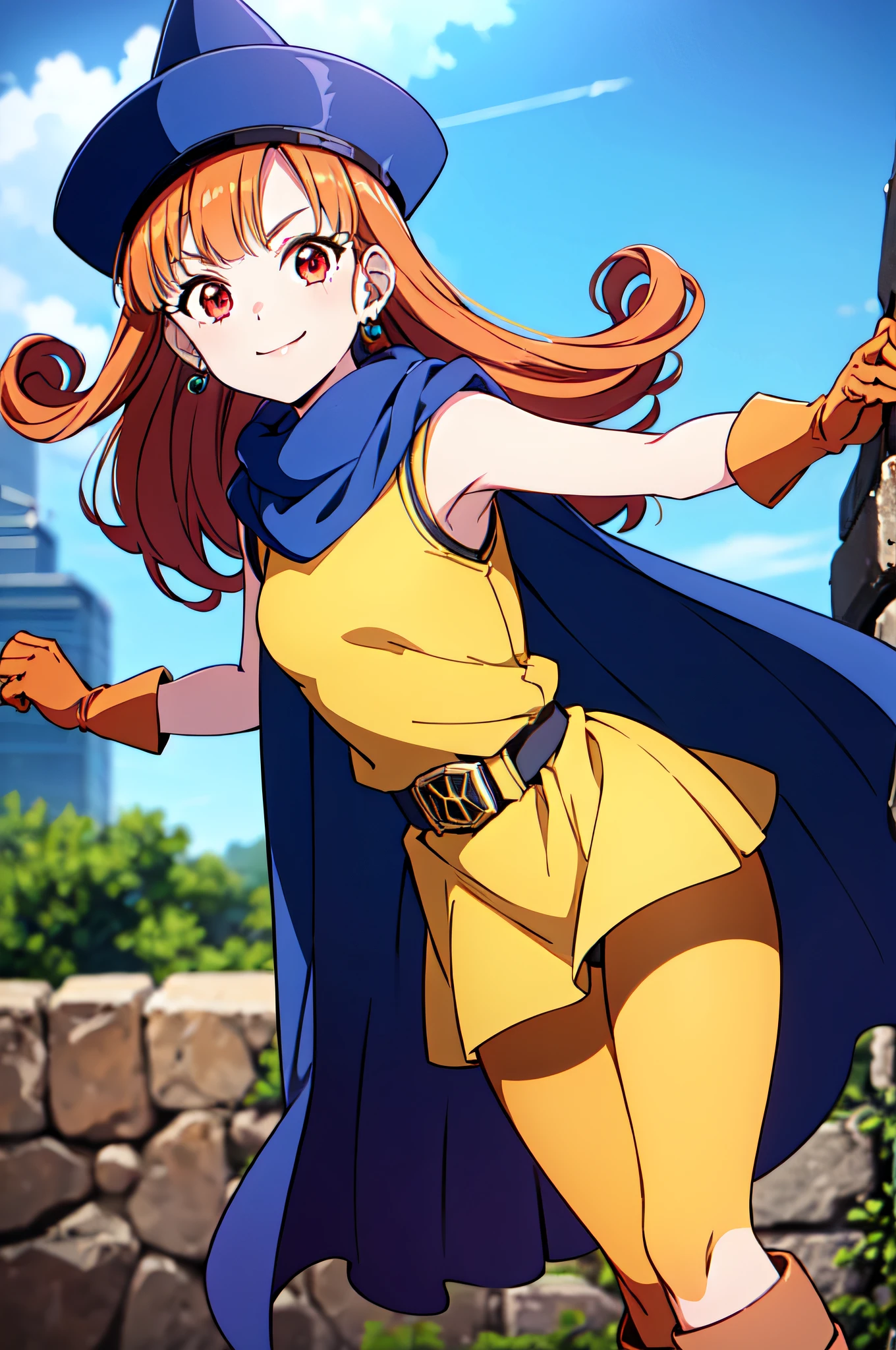 alena-dq4, dq4-alena,black pantyhose,blue cape,blue headwear,boots,curly hair,earrings,long hair,orange gloves,orange hair,red eyes,sleeveless,yellow dress,yellow skirt, 1girl, solo, facing viewer, looking at viewer, smile