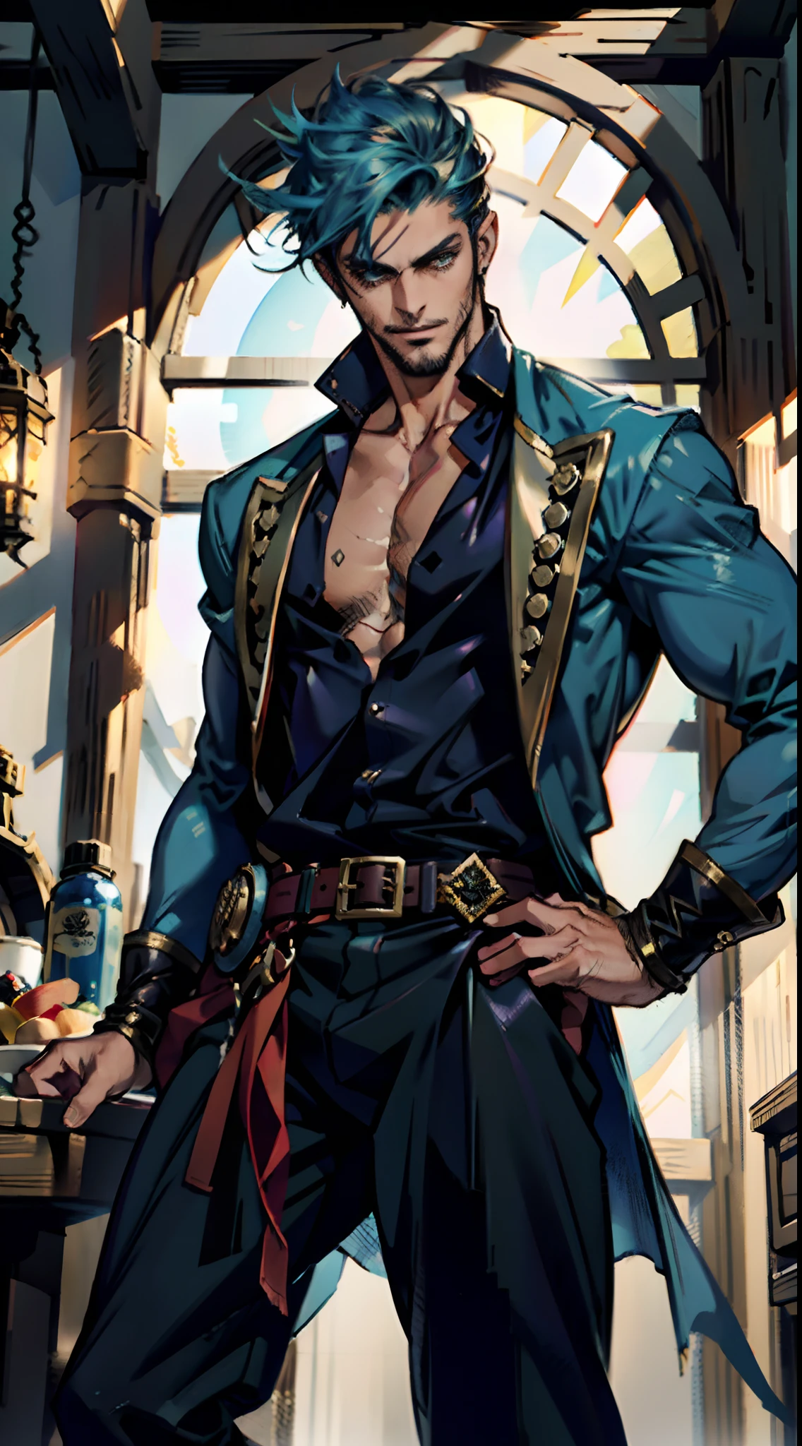 A man with short aqua-blue hair, wearing a headscarf, a fearless gaze, a playful smile, a confident demeanor, he has distinct facial features, he wears a two-piece fantasy pirate outfit, wears a black tight-fitting shirt underneath, a loose sky-blue coat over it, a ghostly face emblem belt, loose fabric pants, stands within a bustling fantasy medieval tavern, this character embodies a finely crafted fantasy-style pirate in anime style, characterized by an exquisite and mature manga illustration art style, high definition, best quality, highres, ultra-detailed, ultra-fine painting, extremely delicate, professional, anatomically correct, symmetrical face, extremely detailed eyes and face, high quality eyes, creativity, RAW photo, UHD, 8k, Natural light, cinematic lighting, masterpiece:1.5