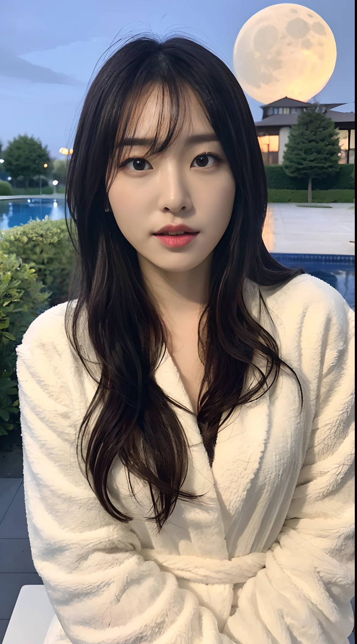 ((Best Quality, 8K, masutepiece:1.3, 1 girl, Beautiful Girl)), Cute, Dynamism, Detailed face, Detailed skin, Detailed eyes, Detailed lips, Detailed fingers, Detailed mouth, detailed tooth, Detailed tongue, Round eyes, Tear bags, Photorealistic, Raw photo, Natural light, Perfect Anatomy, round buttocks, toned legs, ((big moon)), detailed moon, white bathrobe, in the night, wet hair, detailed clothes, bangs, outdoor